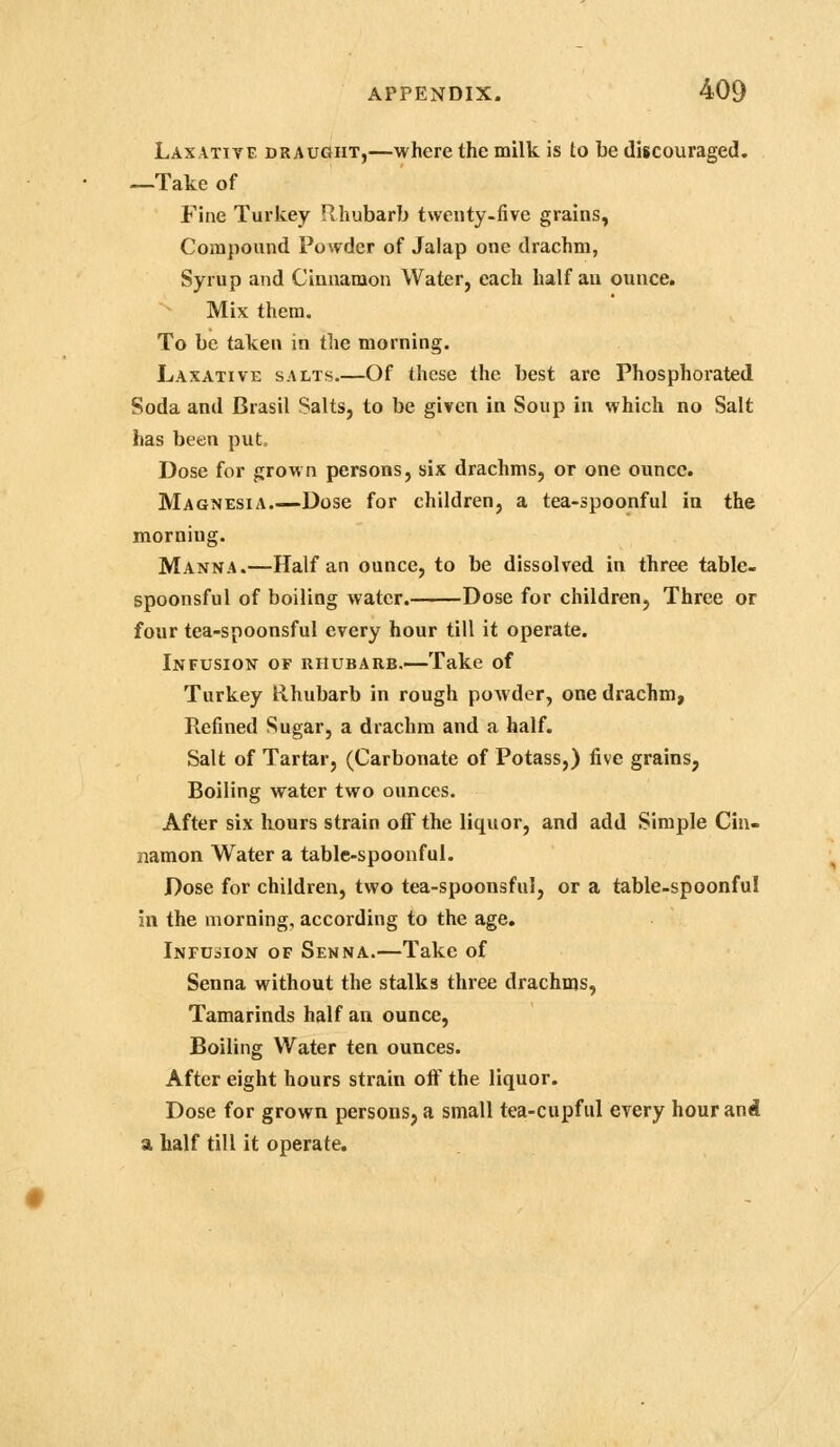 Laxative draught,—where the milk is to be discouraged. —Take of Fine Turkey Rhubarb twenty-five grains, Compound Powder of Jalap one drachm, Syrup and Cinnamon Water, each half an ounce. Mix them. To be taken in the morning. Laxative salts.—Of these the best are Phosphorated Soda and Brasil Salts, to be given in Soup in which no Salt has been put. Dose for grown persons, six drachms, or one ounce. Magnesia.—Dose for children, a tea-spoonful in the morning. Manna.—Half an ounce, to be dissolved in three table- spoonsful of boiling water. Dose for children, Three or four tea-spoonsful every hour till it operate. Infusion of rhubarb.—Take of Turkey Rhubarb in rough poAvder, one drachm, Refined Sugar, a drachm and a half. Salt of Tartar, (Carbonate of Potass,) five grains. Boiling water two ounces. After six hours strain off the liquor, and add Simple Cin- namon Water a table-spoonful. Dose for children, two tea-spoonsful, or a table-spoonful in the morning, according to the age. InfuoIon of Senna.—Take of Senna without the stalks three drachms, Tamarinds half an ounce, Boiling Water ten ounces. After eight hours strain off the liquor. Dose for grown persons, a small tea-cupful every hour ani a half till it operate.