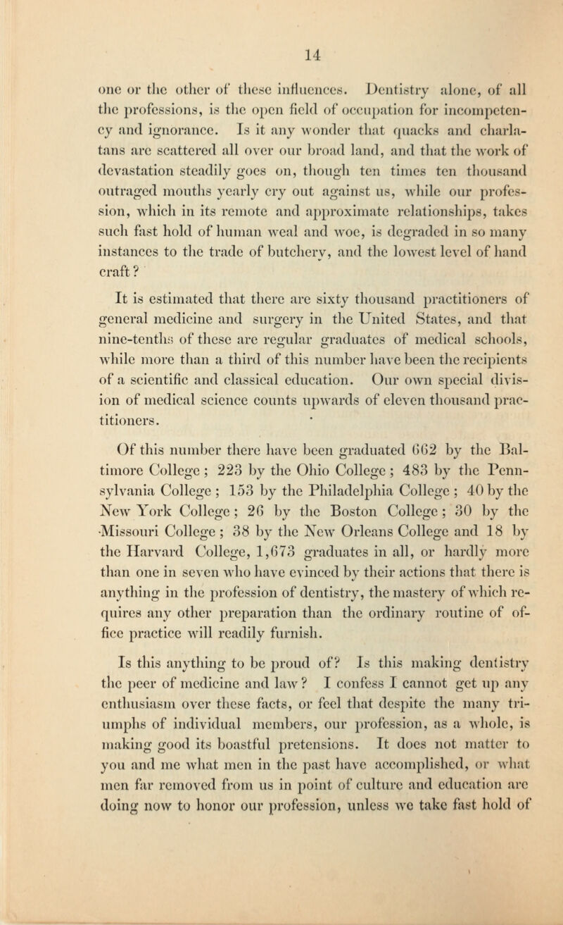 one or the other of these iniiucnces. Dentistry alone, of all tlie professions, is tlie open field of oecupation for ineompetcn- cy and ignorance. Is it any wonder that quacks and cliarla- tans are scattered all over our broad land, and that the work of devastation steadily goes on, though ten times ten thousand outraged mouths yearly cry out against us, wliile our profes- sion, which in its remote and approximate relationships, takes such fast hold of human weal and woe, is degraded in so many instances to the trade of butchery, and the lowest level of hand craft ? It is estimated that there are sixty thousand practitioners of general medicine and surgery in the United States, and that nine-tenthi5 of these are regular graduates of medical schools, while more than a third of this number have been the recipients of a scientific and classical education. Our own special divis- ion of medical science counts upwards of eleven thousand prac- titioners. Of this number there have been graduated G62 by the Bal- timore College; 223 by the Ohio College; 483 by the Penn- sylvania College ; 153 by the Philadelphia College ; 40 by the New York College; 26 by the Boston College; 30 by the •Missouri College ; 38 by the New Orleans College and 18 by the Harvard College, 1,673 graduates in all, or hardly more than one in seven who have evinced by their actions that there is anything in the profession of dentistry, the mastery of which re- quires any other preparation than the ordinary routine of of- fice practice W'ill readily furnish. Is this anything to be proud of? Is this making dentistry the peer of medicine and law ? I confess I cannot get up any enthusiasm over these facts, or feel that despite the many tri- umphs of individual members, our profession, as a whole, is making good its boastful pretensions. It does not matter to you and me what men in the past have accomplished, or what men far removed from us in point of culture and education are doing now to honor our profession, unless wc take fast hold of