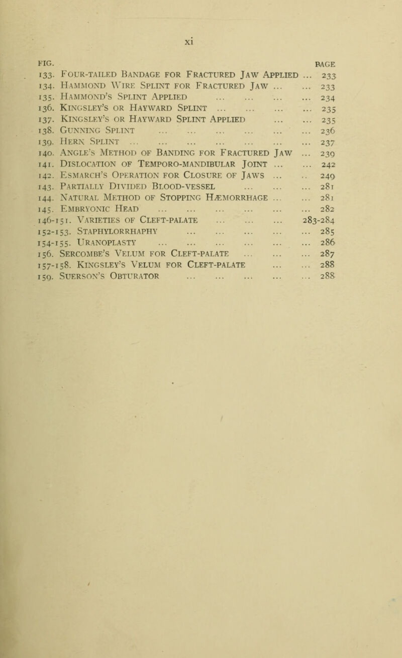 FIG. PAGE 133. Four-tailed Bandage for Fractured Jaw Applied ... 233 134. Hammond Wire Splint for Fractured Jaw 233 135. Hammond's Splint Applied 234 136. Kingsley's or Hay ward Splint 235 137. Kingsley's or Hayward Splint Applied 235 138. Gunning Splint ... 236 i3g. Hern Splint 237 140. Angle's Method of Banding for Fractured Jaw ... 23Q 141. Dislocation of Temporo-mandibular Joint 242 142. Esmarch's Operation for Closure of Jaws 249 143. Partially Divided Blood-vessel 281 144. Natur./^l Method of Stopping Hemorrhage 281 145. Embryonic Head 282 146-151. Varieties of Cleft-palate 283-284 152-153. St.aphylorrhaphy 285 154-155. Uranoplasty 286 156. Sercombe's Velum for Cleft-palate 287 157-158. Kingsley's Velum for Cleft-palate 288 I5Q. Suerson's Obturator 288-