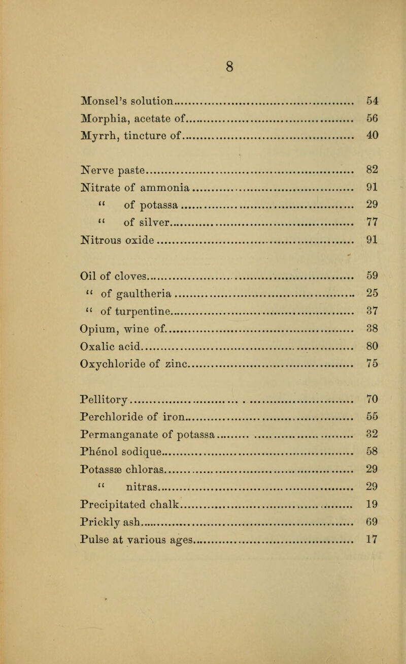 Monsel's solution 54 Morphia, acetate of 56 Myrrh, tincture of 40 Nerve paste 82 Nitrate of ammonia 91  of potassa 29 11 of silver 77 Nitrous oxide 91 Oil of cloves 59  of gaultheria 25  of turpentine 37 Opium, wine of. 38 Oxalic acid 80 Oxychloride of zinc 75 Pellitory 70 Perchloride of iron 55 Permanganate of potassa 32 Phenol sodique 58 Potassse chloras 29  nitras 29 Precipitated chalk 19 Prickly ash 69 Pulse at various ages 17