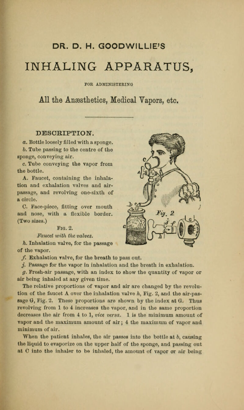 DR. D. H. GOODWILLIE'S INHALING APPARATUS, FOR ADMINISTERING All the Anaesthetics, Medical Vapors, etc. DESCRIPTION. a. Bottle loosely filled with a sponge. b. Tube passing to the centre of the sponge, conveying air. c. Tube conveying the vapor from the bottle. A. Faucet, containing the inhala- tion and exhalation valves and air- passage, and revolving ono-sixth of a circle. C. Face-piece, fitting ovor mouth and nose, with a flexible border. (Two sizes.) Fig. 2. Faucet with the valves. h. Inhalation valve, for the passage of the vapor. /. Exhalation valve, for the breath to pass out. j. Passage for tho vapor in inhalation and the breath in exhalation. g. Fresh-air passage, with an index to show the quantity of vapor or air being inhaled at any given time. The relative proportions of vapor and air aro changed by tho revolu- tion of tho faucet A over tho inhalation valve h, Fig. 2, and the air-pas- Bago G, Fig. 2. These proportions are shown by the index at Q. Thus revolving from 1 to 4 increases tho vapor, and in the same proportion decreases the air from 4 to 1, vice versa. 1 is tho minimum amount of vapor and tho maximum amount of air; 4 the maximum of vapor and minimum of air. When the patient inhales, tho air passes into tho bottle at b, causing the liquid to ovaporizo on the upper half of tho spongo, and passing out at C into tho Inhaler to ba inhaled, the amount of vapor or air being