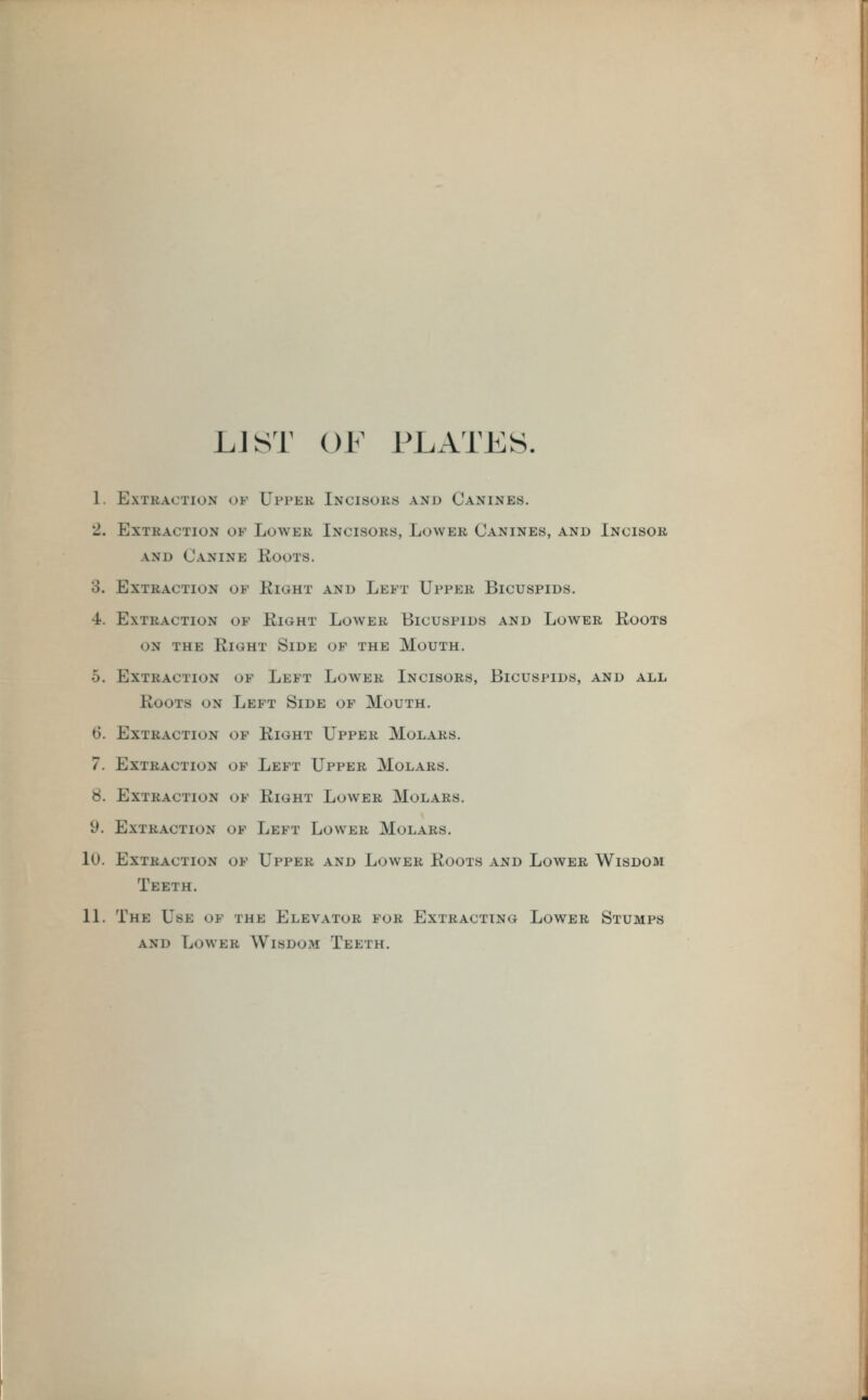 LIST OF PLATES. 1. Extraction of Upper Incisors and Canines. 2. Extraction of Lower Incisors, Lower Canines, and Incisor vni> Canine Roots. o. Extraction of Right and Left Upper Bicuspids. 4. Extraction of Eight Lower Bicuspids and Lower Roots <»n the Right Side of the Mouth. 5. Extraction of Left Lower Incisors, Bicuspids, and all Roots on Left Side of Mouth. 6. Extraction of Right Upper Molars. 7. Extraction of Left Upper Molars. 8. Extraction of Right Lower Molars. 9. Extraction of Left Lower Molars. lU. Extraction of Upper and Lower Roots and Lower Wisdom Teeth. 11. The Use of the Elevator for Extracting Lower Stumps and Lower Wisdom Teeth.