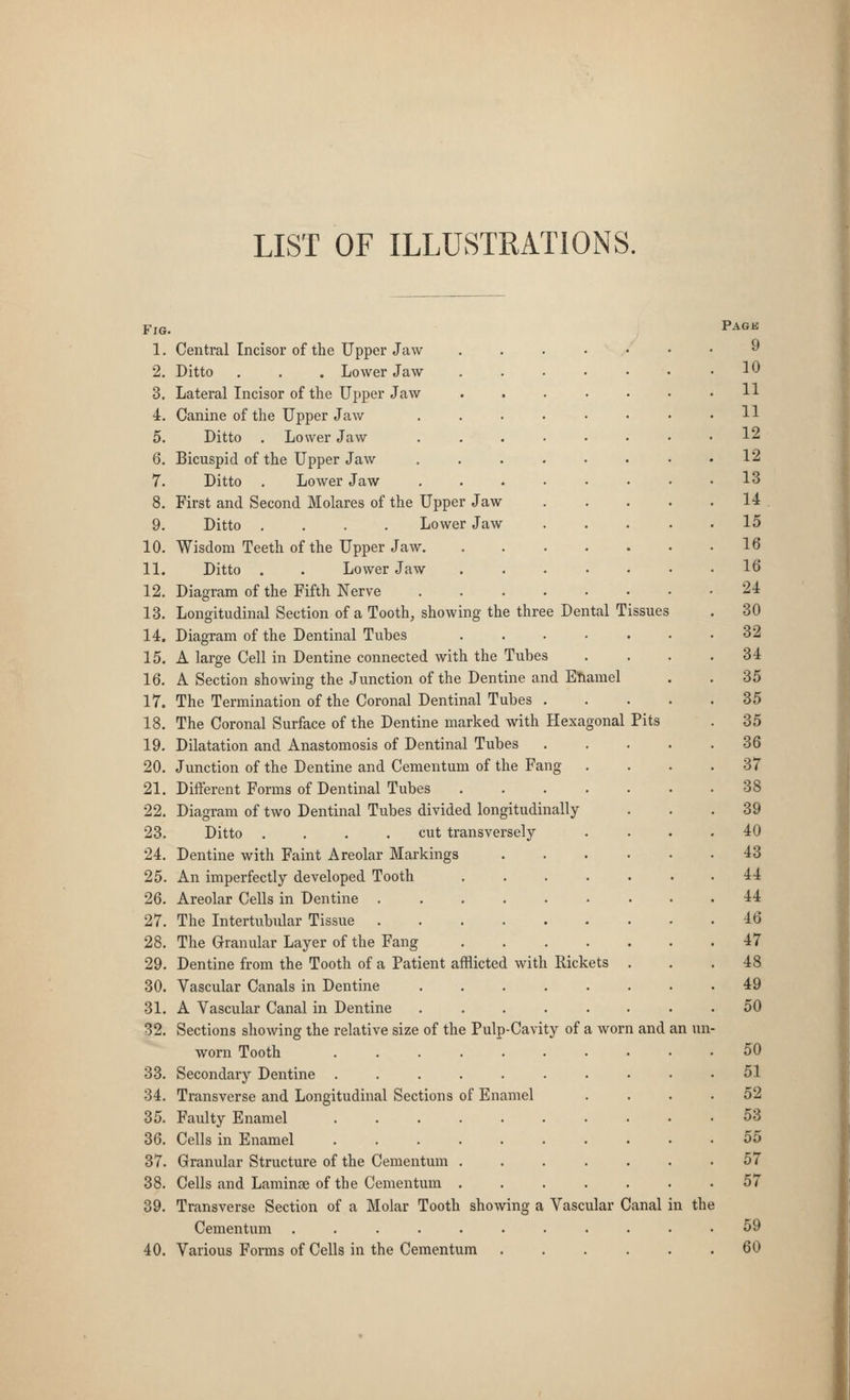 LIST OF ILLUSTRATIONS. Fig. 1. Central Incisor of the Upper Jaw 2. Ditto . . . Lower Jaw 3. Lateral Incisor of the Upper Jaw 4. Canine of the Upper Jaw 5. Ditto . Lower Jaw 6. Bicuspid of the Upper Jaw 7. Ditto . Lower Jaw 8. First and Second Molares of the Upper Jaw 9. Ditto .... Lower Jaw 10. Wisdom Teeth of the Upper Jaw. 11. Ditto . . Lower Jaw 12. Diagram of the Fifth Nerve 13. Longitudinal Section of a Tooth, showing the three Dental T 14. Diagram of the Dentinal Tubes . . . • 15. A large Cell in Dentine connected with the Tubes 16. A Section showing the Junction of the Dentine and ETiamel 17. The Termination of the Coronal Dentinal Tubes . 18. The Coronal Surface of the Dentine marked with Hexagonal Pits 19. Dilatation and Anastomosis of Dentinal Tubes 20. Junction of the Dentine and Cementum of the Fang 21. Different Forms of Dentinal Tubes .... 22. Diagram of two Dentinal Tubes divided longitudinally 23. Ditto .... cut transversely 24. Dentine with Faint Areolar Markings 25. An imperfectly developed Tooth .... 26. Areolar Cells in Dentine 27. The Intertubular Tissue 28. The Granular Layer of the Fang .... 29. Dentine from the Tooth of a Patient afflicted with Rickets 30. Vascular Canals in Dentine ..... 31. A Vascular Canal in Dentine ..... 32. Sections showing the relative size of the Pulp-Cavity of a worn worn Tooth ....... 33. Secondary Dentine ....... 34. Transverse and Longitudinal Sections of Enamel 35. Faulty Enamel 36. Cells in Enamel ....... 37. Granular Structure of the Cementum .... 38. Cells and Laminae of the Cementum .... 39. Transverse Section of a Molar Tooth showing a Vascular Canal Cementimi ..... 40. Various Forms of Cells in the Cementum and an un- Pagk 9 10 11 11 12 12 13 14 15 16 16 24 30 32 34 35 35 35 36 37 38 39 40 43 44 44 46 47 48 49 50 50 51 52 53 55 57 57 in the 59 60