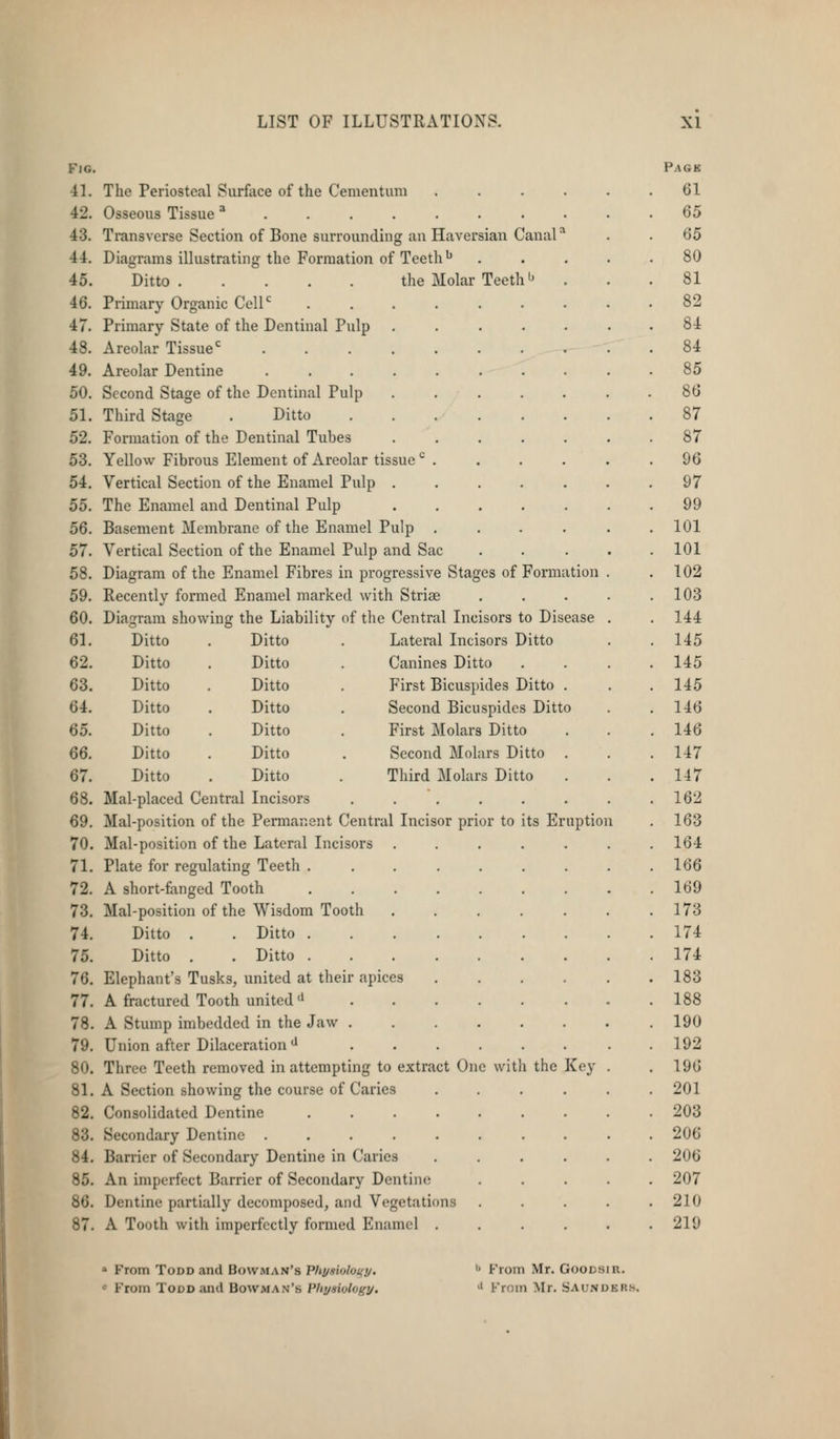 Fig. 41. 42. 43. 44. 45. 46. 47. 48. 49. 50. 51. 52. 53. 54. 55. 56. 57. 58. 59. 60. 61. 62. 63. 64. 65. 66. 67. 68. 69. 70. 71. 72. 73. 74. 75. 76. 77. 78. 79. 80. 81. 82. 83. 84. 85. 86. 87. The Periosteal Surface of the Cementum Osseous Tissue * . . . . Transverse Section of Bone surrounding an Haversian Canal ^ Diagrams illustrating the Formation of Teeth'* Ditto the Molar Teeth Primary Organic Cell*^ Primary State of the Dentinal Pulp Areolar Tissue*^ .... Areolar Dentine .... Second Stage of the Dentinal Pulp Third Stage . Ditto Formation of the Dentinal Tubes Yellow Fibrous Element of Areolar tissue Vertical Section of the Enamel Pulp . The Enamel and Dentinal Pulp Basement Membrane of the Enamel Pulp Vertical Section of the Enamel Pulp and Sac Diagram of the Enamel Fibres in progressive Stages of Formation Recently formed Enamel marked with Striae Diagram showing the Liability of the Central Incisors to Disease Ditto Ditto Ditto Ditto Ditto Ditto Ditto Ditto Ditto Ditto Ditto Ditto Ditto Ditto Lateral Incisors Ditto Canines Ditto First Bicuspides Ditto Second Bicuspides Ditto First Molars Ditto Second Molars Ditto Third Molars Ditto Mal-placed Central Incisors .... Mal-position of the Permanent Central Incisor prior to its Eruption Mal-position of the Lateral Incisors Plate for regulating Teeth ..... A short-fanged Tooth ..... Mal-position of the Wisdom Tooth Ditto . . Ditto Ditto . . Ditto Elephant's Tusks, united at their apices A fractured Tooth united ^ .... A Stump imbedded in the Jaw .... Union after Dilaceration ^ .... Three Teeth removed in attempting to extract One with the Key A Section showing the course of Caries Consolidated Dentine ..... Secondary Dentine ...... Barrier of Secondary Dentine in Caries An imperfect Barrier of Secondary Dentine Dentine partially decomposed, and Vegetations A Tooth with imperfectly formed Enamel . Pack 61 65 65 80 81 82 84 84 85 86 87 87 96 97 99 101 101 102 103 144 145 145 145 146 146 147 147 162 163 164 166 169 173 174 174 183 188 190 192 196 201 203 206 206 207 210 219 » From Todd and Bcjwman's Pliysiolot^y. ••• From Todd and Bowman's Physiology. '■ From Mr. Goocsiu. '' From Mr. Saunders.