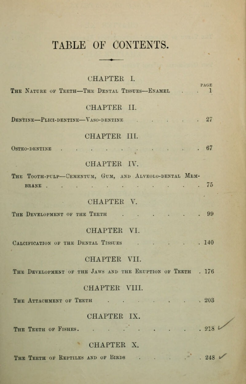 Table of contents. CHAPTER I. PAGE The Nature of Teeth—The Dental Tissues—Enamel . . 1 CHAPTER II. Dentine—Plici-dentine—Vaso-dentine . .27 CHAPTER III. Osteo-dentine .......... 67 CHAPTER IV. The Tooth-pllp—Cementum, Gum, and Alveolo-dental Mem- brane ........... 75 CHAPTER V. The Development of the Teeth ...... 99 CHAPTER VI. Calcification of the Dental Tissues ..... 140 CHAPTER VII. The Development of the .Jaws and the Eruption of Teeth . 176 CHAPTER VIII. The Attachment of Teeth ....... 203 CHAPTER IX. The Teeth of Fishes. ........ 218 CHAPTER X. The Teeth of Reptiles and of Birds . . . ' . 248 ^