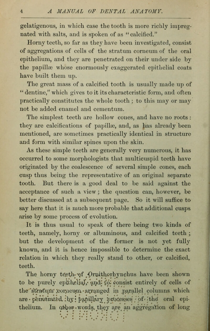 gelatigenous, in which case the tooth is more richly impreg- nated with salts, and is spoken of as  calcified. Horny teeth, so far as they have been investigated, consist of aggregations of cells of the stratum corneum of the oral epithelium, and they are penetrated on their under side by the papilla} whose enormousl}^ exaggerated epithelial coats have built them up. The great mass of a calcified tooth is usually made up of  dentine, which gives to it its characteristic form, and often practically constitutes the whole tooth : to this may or may not be added enamel and cementum. The simplest teeth are hollow cones, and have no roots : they are calcifications of papilla), and, as Jias already been mentioned, are sometimes practically identical in structure and form with similar spines upon the skin. As these simple teeth are generally very numerous, it has occurred to some morphologists that multicuspid teeth have originated by the coalescence of several simple cones, each cusp thus being the representative of an original separate tooth. But there is a good deal to be said against the acceptance of such a view; the question can, however, be better discussed at a subsequent page. So it will suffice to say here that it is much more probable that additional cusps arise by some process of evolution. It is thus usual to speak of there being two kinds of teeth, namely, horny or albuminous, and calcified teeth ; but the development of the former is not yet fully known, and it is hence impossible to determine the exact relation in which they really stand to other, or calcified,, teeth. The horny te/3th''(jf ,<3r].iithorbynphus have been shown to be purely epiltli^'ljtj,- 'mj*d; io'r <;-on§ist entirely of cells of the *st!rafuilQ* ;cor.iiei>m'ai;rq,nged in ,p,^rallel columns which are* pfen-etr.atfcd :by: f^^pill^ry Jpr'oCesHes ;bf-.'the' oral epi- thelium. In QljboF.wor.ds.^they are^ an'aggrega't'ion of long