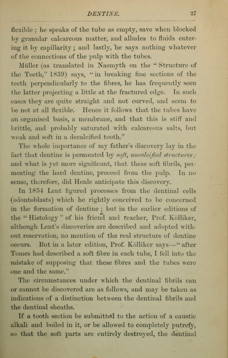 flexible ; he speaks of the tube as empty, save \vhen blocked by granular calcareous matter, and alludes to fluids enter- ins: it bv capillarity ; and lastlv, he savs nothiucr \vhatever of the connections of the pulp with the tubes. Midler (as translated in Nasmyth on the  Structure of the Teeth, 1S39) says, in breaking fine sections of the teeth perpendicularly to the fibres, he has frequently seen the latter projecting a little at the fractured edge. In such cases they are quite straight and not curved, and seem to be not at all flexible. Hence it follows that the tubes have an organised basis, a membrane, and that this is stiff and brittle, and probably saturated with calcareous salts, but weak and soft in a decalcified tooth. The whole importance of my father's discovery lay in the fact that dentine is peroieated by soft, iincalcijied structures : and what is yet more significant, that these soft fibrils, per- meating the hard dentine, proceed from the pulp. In no sense, therefore, did Henle anticipate this discovery. In 1854 Lent figured processes from the dentinal cells (odontoblasts) which he rightly conceived to be concerned in the formation of dentine ; but in the earlier editions of the  Histology  of his friend and teacher, Prof Kolliker, although Lent's discoveries are described and adopted with- out reservation, no mention of the real structure of dentine occurs. But in a later edition. Prof Kolliker says— after Tomes had described a soft fibre in each tube, I fell into the mistake of supposing that these fibres and the tubes were one and the same. The circiunstances under which the dentinal fibrils can or cannot be discovered are as follows, and may be taken as indications of a distinction between the dentinal fibrils and the dentinal sheaths. If a tooth section be submittt^d to the action of a caustic alkali and boiled in it, or be allowed to completely putrefy, so that the soft parts are entirely destroyed, the dentinal