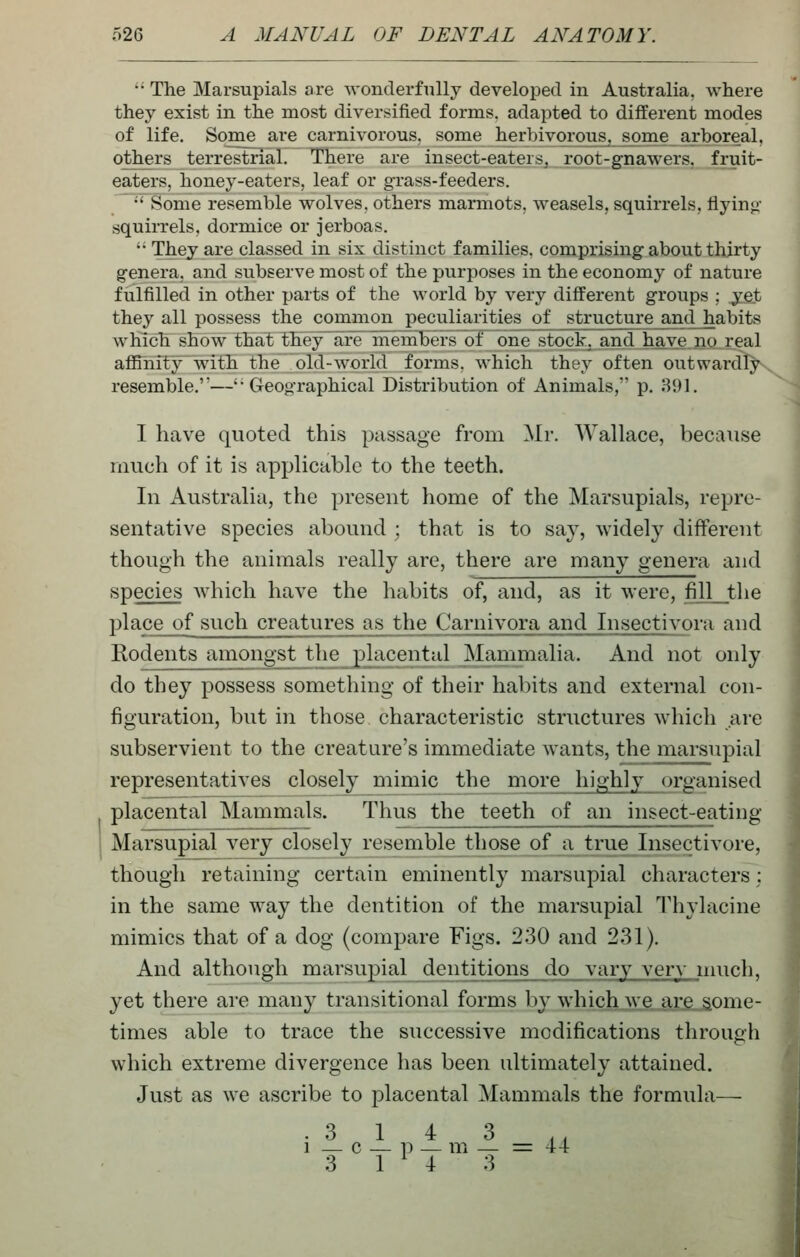 •• The Marsupials are wonderfully developed in Australia, where they exist in the most diversified forms, adapted to different modes of life. Some are carnivorous, some herbivorous, some arboreal, others terrestrial. There are insect-eaterSj root-gnawers, fruit- eaters, honey-eaters, leaf or grass-feeders. •* Some resemble wolves, others marmots, weasels, squirrels, flying- squirrels, dormice or jerboas.  They are classed in six distinct families, comprising- about thirty genera, and subserve most of the purposes in the economy of nature fulfilled in other parts of the world by very different groups ; yet they all possess the common peculiarities of structure and habits which show that they are membei's of one stock, and have no real afiinity with the old-world forms, which they often outwardly resemble.—*• Geographical Distribution of Animals, p. 81)1. I have quoted this passage from ^Ir. Wallace, because much of it is applicable to the teeth. In Australia, the present home of the Marsupials, repre- sentative species abound ; that is to say, widely different though the animals really are, there are many genera and species which have the habits of, and, as it were, fill tlie place of such creatures as the Carnivora and Insectivora and Rodents amongst the placental Mammalia. And not only do they possess something of their habits and external con- figuration, but in those characteristic structures which are subservient to the creature's immediate wants, the marsupial representatives closely mimic the more highly organised placental Mammals. Thus the teeth of an insect-eating Marsupial very closely resemble those of a true Insectivore, though retaining certain eminently marsupial characters : in the same way the dentition of the marsupial Thylacine mimics that of a dog (compare Figs. 230 and 231). And although marsupial dentitions do vary very nuich. yet there are many transitional forms by which we are some- times able to trace the successive modifications through which extreme divergence has been ultimately attained. Just as we ascribe to placental Mammals the formula— .314 3 ,, 1 — c — p — m — ^44 3 1^4 3