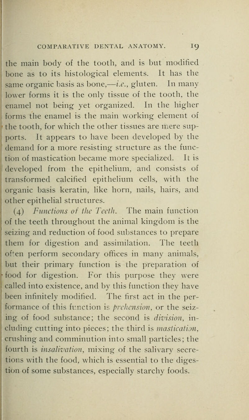 j the main body of the tooth, and is but modified i bone as to its histological elements. It has the i same organic basis as bone,—i.e., gluten. In many |; lower forms it is the only tissue of the tooth, the enamel not being yet organized. In the higher I forms the enamel is the main working element of ■ the tooth, for which the other tissues are mere sup- ports. It appears to have been developed by the demand for a more resisting structure as the func- tion of mastication became more specialized. It is developed from the epithelium, and consists of transformed calcified epithelium cells, with the organic basis keratin, like horn, nails, hairs, and other epithelial structures. (4) Functions of the Teeth. The main function of the teeth throughout the animal kingdom is the seizing and reduction of food substances to prepare them for digestion and assimilation. The teeth oi'en perform secondary offices in many animals, l)Ut their primary function is the preparation of • food for digestion. For this jjurpose they were called into existence, and l)y this function they have l)een infinitely modified. The first act in the per- formance of this function is l^s-eheiisiou, or the seiz- ing of food substance; the second is dii'isioii, in- cluding cutting into pieces; the third is masticatijii, crushing and comminution into small particles; the fourth is insalivation, mixing of the salivary secre- tions with the food, which is essential to the diges- tion of some substances, especially starchy foods.