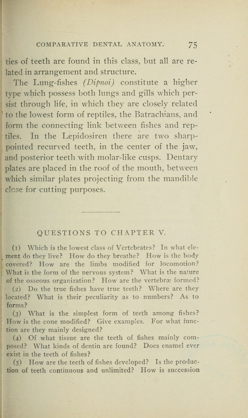 ties of teeth are found in this class, but all are re- lated in arrangement and structure. The Lung-fishes (Dipnoi) constitute a higher type which possess both lungs and gills which per- sist through life, in which they are closely related ' to the lowest form of reptiles, the Batrachians, and form the connecting link between fishes and rep- tiles. In the Lepidosiren there are two sharp- pointed recurved teeth, in the center of the jaw, and posterior teeth with molar-like cusps. Dentary plates are placed in the roof of the mouth, between which similar plates projecting from the mandible close for cutting purposes. QUESTIONS TO CHAPTER V. (i) Wliich is the lowest class of Vertebrates? In what ele- _ ment do they live? How do they breathe? How is the body , covered? How are the limbs modified for locomotion? { What is the form of the nervous system? What is the nature of the osseous organization? How are the vertebrae formed? (2) Do the true fishes have true teeth? Where are they located? What is their peculiarity as to numbers? As to forms? (3) What is the simplest form of teeth among fishes? How is the cone modified? Give examples. For what func- tion are they mainly designed? (4) Of what tissue are the teeth of fishes mainly com- posed? What kinds of dentin are found? Does enamel ever exist in the teeth of fishes? (5) How are the teeth of fishes developed? Is the produc- tion of teeth continuous and unlimited? How is succession