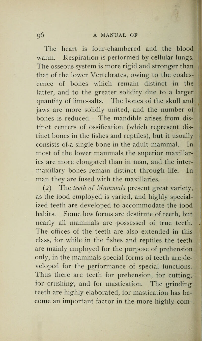 The heart is four-chambered and the blood warm. Respiration is performed by cellular lungs. The osseous system is more rigid and stronger than that of the lower Vertebrates, owing to the coales- cence of bones which remain distinct in the latter, and to the greater solidity due to a larger quantity of lime-salts. The l)ones of the skull and jaws are more solidly united, and the number of bones is reduced. The mandible arises from dis- tinct centers of ossification (which represent dis- tinct bones in the fishes and reptiles), but it usually consists of.a single bone in the adult mammal. In most of the lower mammals the superior maxillar- ies are more elongated than in man, and the inter- maxillary bones remain distinct through life. In man they are fused with the maxillaries. (2) The teetli of Mammals present great variety, as the food employed is varied, and highly special- ized teeth are developed to accommodate the food habits. Some low forms are destitute of teeth, but nearly all mammals are possessed of true teeth. The ofifices of the teeth are also extended in this class, for while in the fishes and reptiles the teeth are mainly employed for the purpose of prehension only, in the mammals special forms of teeth are de- veloped for the performance of special functions. Thus there are teeth for prehension, for cutting, for crushing, and for mastication. The grinding teeth are highly elaborated, for mastication has be- come an important factor in the more highly com-