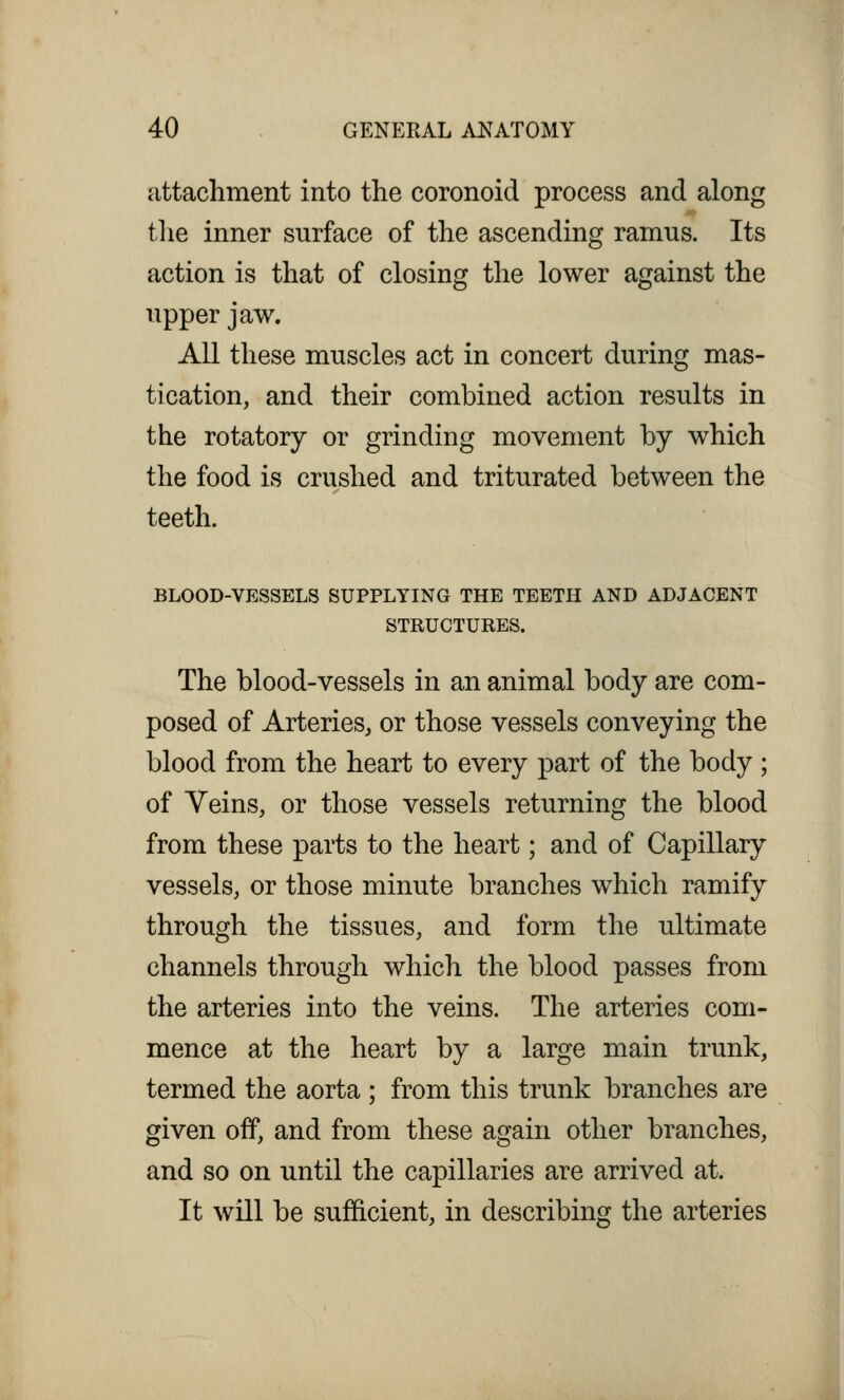 attachment into the coronoid process and along the inner surface of the ascending ramus. Its action is that of closing the lower against the upper jaw. All these muscles act in concert during mas- tication, and their combined action results in the rotatory or grinding movement by which the food is crushed and triturated between the teeth. BLOOD-VESSELS SUPPLYING THE TEETH AND ADJACENT STRUCTURES. The blood-vessels in an animal body are com- posed of Arteries, or those vessels conveying the blood from the heart to every part of the body ; of Veins, or those vessels returning the blood from these parts to the heart; and of Capillary vessels, or those minute branches which ramify through the tissues, and form the ultimate channels through which the blood passes from the arteries into the veins. The arteries com- mence at the heart by a large main trunk, termed the aorta ; from this trunk branches are given off, and from these again other branches, and so on until the capillaries are arrived at. It will be sufficient, in describing the arteries