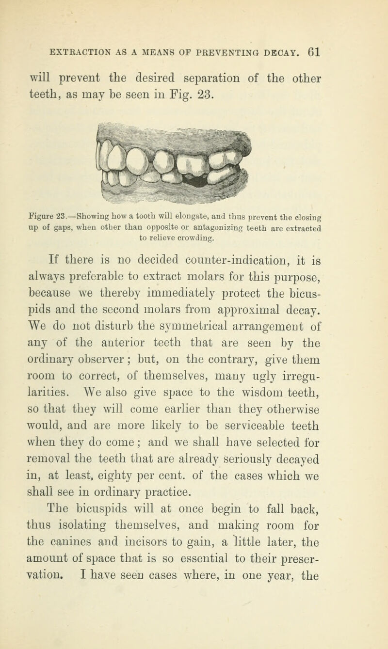 will prevent the desired separation of the other teeth, as may be seen in Fig. 23. Figure 23.—Showing how a tooth will elongate, and thus prevent the closing up of gaps, when other than opposite or antagonizing teeth are extracted to relieve crowding. If there is no decided counter-indication, it is always preferable to extract molars for this purpose, because we thereby immediately protect the bicus- pids and the second molars from approximal decay. We do not disturb the symmetrical arrangement of any of the anterior teeth that are seen by the ordinary observer; but, on the contrary, give them room to correct, of themselves, many ugly irregu- larities. We also give space to the wisdom teeth, so that they will come earlier than they otherwise would, and are more likely to be serviceable teeth when they do come; and we shall have selected for removal the teeth that are already seriously decayed in, at least, eighty per cent, of the cases which we shall see in ordinary practice. The bicuspids will at once begin to fall back, thus isolating themselves, and making room for the canines and incisors to gain, a little later, the amount of space that is so essential to their preser- vation. I have seen cases where, in one year, the