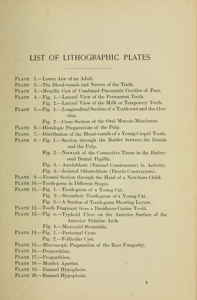 LIST OF LITHOGRAPHIC PLATES Plate 1.—Lower Jaw of an Adult. Plate 2.—The Elood-vessels and Nerves of the Teeth. Plate 3.—Metallic Cast of Combined Pneumatic Cavities of Face. Plate 4.—Fig. 1.—Lateral View of the Permanent Teeth. Fig. 2.—Lateral View of the Milk or Temporary Teeth. Plate 5.—Fig. L—Longitudinal Section of a Tooth-root and theAlve- olus. Fig. 2.—Cross Section of the Oral Mucous Mendjrane. Plate G.—Histologic Preparations of the Pulp. Plate 7.—Distribution of the Blood-vessels of a Young ('uspid Tooth. Plate 8.—Fig. L—Section through the Border between the Dentin and the Pulj). Fig. 2.—Network of the Connective Tissue in the Embiy- onal Dental Papilla. Fig. 3.—Ameloblasts (Enamel Constructors) in Activity. Fig. 4.—Isolated Odontoblasts (Dentin Constructors!. Plate 9.—Fi'ontal Section througli the Head of a New-born Child. Plate 10.—Tooth-germ in Diflerent Stages. Plate IL—Fig. 1.—Tooth-germ of a Young Cat. Fig. 2.—Secondary Tooth-germ of a Young Cat. Fig. 3.—A Section of Tooth-germ Showing Layei-s. Plate 12.—Tooth Fragment from a Deciduous Canine Tooth. Plate 13.—Fig. «.—Typhoid Ulcer on the Anterior Surface of the Anterior Palatine Arch. Fig. b.—Mercurial Stomatitis. Plate 14.—Fig. 1.—Periosteal Cysts. Fig. 2.—Follicular Cyst. Platk 15.—Micro.scopic Preparation of the Knot Fungosity. Plate 16.—Prognathism. Plate 17.—Prognathism. Plate 18.—Moi-dex .Apertus. Plate 19. Enamel ITy]io])lasiir. Platk 20.—Enamel Hypoplasia'.