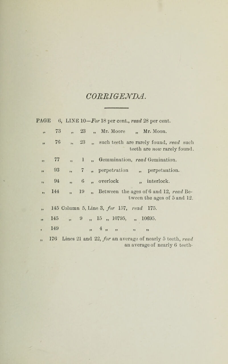 CORRIGEJVDA. PAGE 6, LINE 10—For 18 per cent., read 28 per cent. „ 73 „ 23 „ Mr. Moore „ Mr. Moon. „ 76 „ 23 „ such teeth are rarely found, read such teeth are now rarely found. „ 77 „ 1 „ Gemmination, read Gemination. „ 93 „ 7 „ perpetration „ perpetuation. „ 94 „ 6 „ overlock „ interlock. „ 144 „ 19 „ Between the ages of 6 and 12, re«c? Be- tween the ages of 5 and 12. „ 145 Column 5, Line 3, for 157, read 175. „ 145 „ 9 „ 15 „ 10795, „ 10695. > 149 „ 4 „ „ „ ,, „ 176 Lines 21 and 22, for an average of nearly 5 teeth, read an average of nearly 6 teeth-