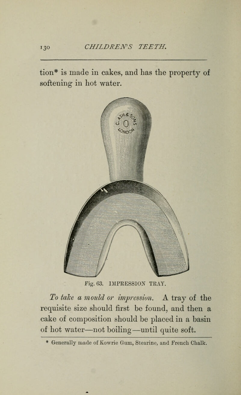 tion* is made in cakes, and has the property of softening in hot water. Fig. 63. IMPEESSIOX TEAT. To taJce a mould or impression. A tray of the requisite size should first be found, and then a cake of composition should be placed in a basin of hot water—not boiling—until quite soft. * Generally made of Kowrie Gum, Stearine, and French Chalk.