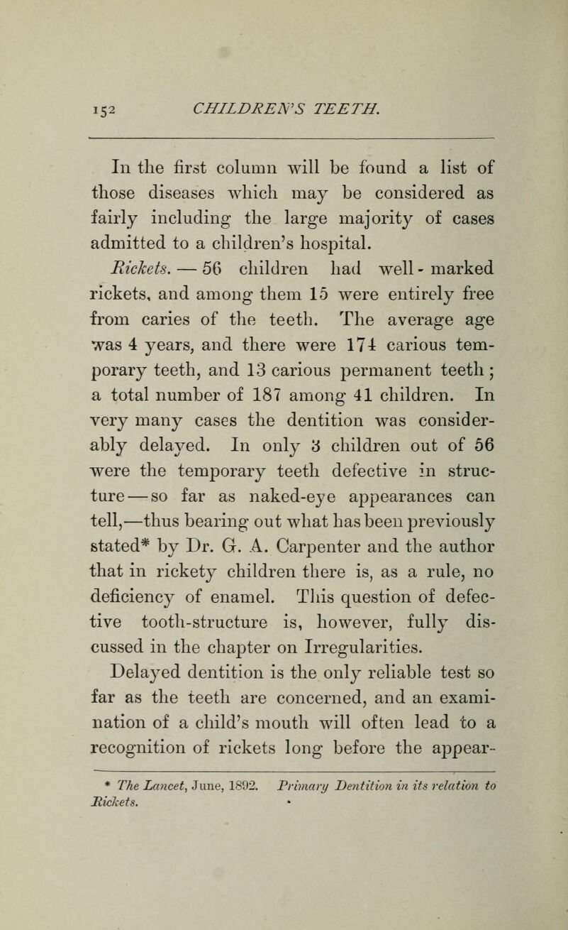 In the first column will be found a list of those diseases which may be considered as fairly including the large majority of cases admitted to a children's hospital. Rickets. — 5^ children had well - marked rickets, and among them 15 were entirely free from caries of the teeth. The average age was 4 years, and there were 174 carious tem- porary teeth, and 13 carious permanent teeth; a total number of 187 among 41 children. In very many cases the dentition was consider- ably delayed. In only '6 children out of 56 were the temporary teeth defective in struc- ture— so far as naked-eye appearances can tell,—thus bearing out what has been previously stated* by Dr. G. A. Carpenter and the author that in rickety children there is, as a rule, no deficiency of enamel. Tliis question of defec- tive tooth-structure is, however, fully dis- cussed in the chaf)ter on Irregularities. Delayed dentition is the only reliable test so far as the teeth are concerned, and an exami- nation of a child's mouth will often lead to a recognition of rickets long before the appear- * The Lancet, June, 1802. Prhnary Dentition in its relation to Mickets.