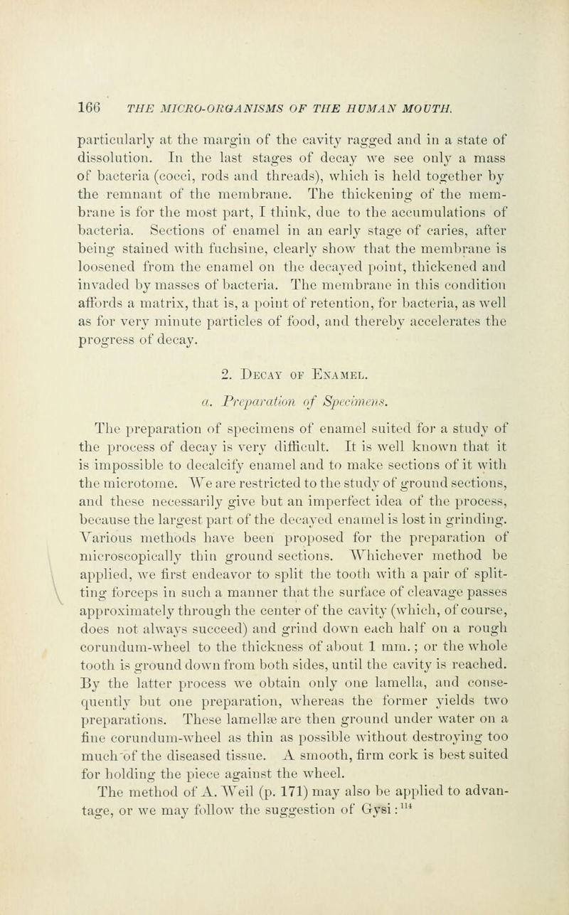 particularly at the margin of the cavity ragged and in a state of dissolution. In the last stages of decay we see only a mass of bacteria (cocci, rods and threads), which is held together by the remnant of the membrane. The thickening of the mem- brane is for the most part, I think, due to the accumulations of bacteria. Sections of enamel in an earl} stage of caries, after being stained with fuchsine, clearly show that the membrane is loosened from the enamel on tlie decayed point, thickened and invaded by masses of bacteria. The membrane in this condition affords a matrix, that is, a point of retention, for bacteria, as well as for very minute particles of food, and thereby accelerates the progress of decay. 2. Decay of Enamel. a. Preparation of Specimens. The preparation of specimens of enamel suited for a study of the process of decay is very difScult. It is well known that it is impossible to decalcify enamel and to make sections of it with the microtome. We are restricted to the study of ground sections, and these necessarily give but an imperfect idea of the process, because the largest part of the decayed enamel is lost in grinding. Various methods have been proposed for the preparation of microscopically thin ground sections. Whichever method be applied, we first endeavor to split the tooth with a pair of split- ting forceps in such a manner that the surface of cleavage passes approximately through the center of the cavity (which, of course, does not always succeed) and grind down each half on a rough corundum-wheel to the thickness of about 1 mm.; or the whole tooth is ground down from both sides, until the cavity is reached. By the latter process we obtain only one lamella, and conse- quently but one preparation, whereas the former yields two preparations. These lamellae are then ground under water on a fine corundum-wheel as thin as possible without destroying too much'of the diseased tissue. A smooth, firm cork is best suited for holding the piece against the wheel. The method of A. Weil (p. 171) may also be applied to advan- tage, or we may follow the suggestion of Gysi: *