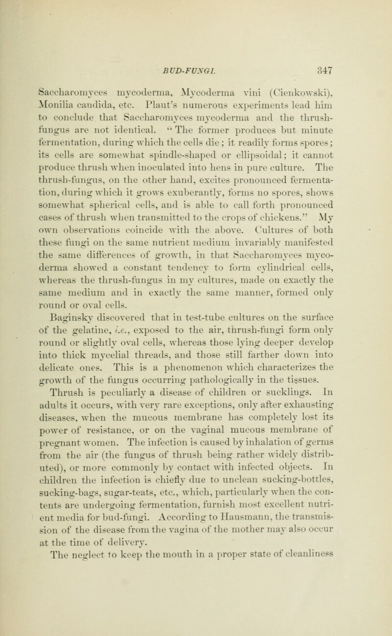 Saccharomvces mvcoderma, Mycoderma viiii (Cienkowski). Monilia Candida, etc. Pkiut's numerous experiments lead him to conckide that Saccharomvces mj'coderma and the thrush- fungus are not identieak  The former produces but minute fermentation, during which the cells die ; it readily forms spores; its cells are somewhat spindle-shaped or ellipsoidal; it cannot produce thrush when inoculated into hens in pure culture. The thrush-fungus, on the other hand, excites pronounced fermenta- tion, during which it grows exuberantly, forms no spores, shows somewhat spherical cells, and is able to call forth pronounced cases of thrush when transmitted to the crops of chickens. My own observations coincide with the above. Cultures of both these fungi on the same nutrient medium invariably manifested the same differences of growth, in that Saccharomyces myco- derma showed a constant tendency to form cylindrical cells, whereas the thrush-fungus in my cultures, made on exactly the same medium and in exactly the same manner, formed only round or oval cells. Baginsky discovered that in test-tube cultures on the surface of the gelatine, >.e., exposed to the air, thrush-fungi form only round or slightly oval cells, whereas those lying deeper develop into thick mycelial threads, and those still farther down into delicate ones. This is a phenomenon which characterizes the growth of the fungus occurring pathologically in the tissues. Thrush is peculiarly a disease of children or sucklings. In adults it occurs, with very rare exceptions, only after exhausting diseases, when the mucous membrane has completely lost its power of resistance, or on the vaginal mucous membrane of pregnant women. The infection is caused by inhalation of germs from the air (the fungus of thrush being rather widely distrib- uted), or more commonly by contact with infected objects. In children the infection is chiefly due to unclean sucking-bottles, sucking-bags, sugar-teats, etc., which, particularly when the con- tents are undergoing fermentation, furnish most excellent nutri- ent media for bud-fungi. According to Hausmann, the transmis- sion of the disease from the vagina of the mother may also occur at the time of delivery. The neglect to keep the mouth in a proper state of cleanliness