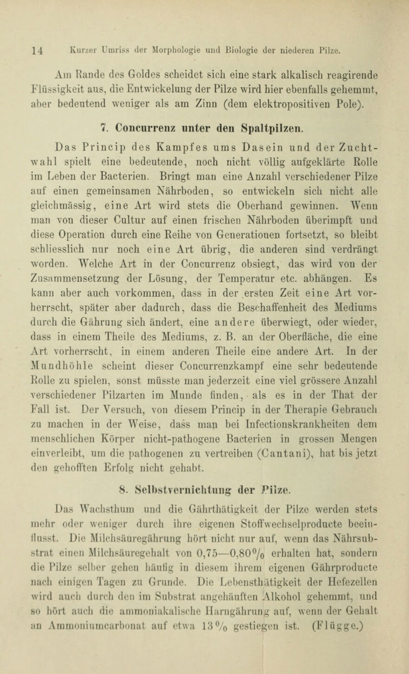 Am Rande des Goldes scheidet sich eine stark alkalisch reagirende Flüssigkeit aus, die Entwickelung der Pilze wird hier ebenfalls gehemmt, aber bedeutend weniger als am Zinn (dem elektropositiven Pole). 7. Concurrenz unter den Spaltpilzen. Das Princip des Kampfes ums Dasein und der Zucht- w'ahl spielt eine bedeutende, noch nicht völlig aufgeklärte Rolle im Leben der Bacterien. Bringt man eine Anzahl verschiedener Pilze auf einen gemeinsamen Nährboden, so entwickeln sich nicht alle gleichmässig, eine Art wird stets die Oberhand gewinnen. Wenn man von dieser Cultur auf einen frischen Nährboden überimpft und diese Operation durch eine Reihe von Generationen fortsetzt, so bleibt schliesslich nur noch eine Art übrig, die anderen sind verdrängt worden. Welche Art in der Concurrenz obsiegt, das wird von der Zusammensetzung der Lösung, der Temperatur etc. abhängen. Es kann aber auch vorkommen, dass in der ersten Zeit eine Art vor- herrscht, später aber dadurch, dass die Beschaffenheit des Mediums durch die Gährung sich ändert, eine andere überwiegt, oder wieder, dass in einem Theile des Mediums, z. B. an der Oberfläche, die eine Art vorherrscht, in einem anderen Theile eine andere Art. In der Mundhöhle scheint dieser Concurrenzkampf eine sehr bedeutende Rolle zu spielen, sonst müsste man jederzeit eine viel grössere Anzahl verschiedener Pilzarten im Munde finden, als es in der That der Fall ist. Der Versuch, von diesem Princip in der Therapie Gebrauch zu machen in der Weise, dass man bei Infectionskrankheiten dem menschlichen Kih'per nicht-pathogene Bacterien in grossen Mengen einverleibt, um die pathogenen zu vertreiben (Cantani), hat bis jetzt den gehoft'ten Erfolg nicht gehabt. 8. Selbstverniciitung der Pilze. Das Wachsthum und die Gährthätigkeit der Pilze werden stets mehr oder weniger durch ihre eigenen Stoifwechselproducte beein- llusst. Die Milchsäuregährung hört nicht nur auf, wenn das Nährsub- strat einen Milchsäuregehalt von 0,75—0,80% erhalten hat, sondern die Pilze selber gehen häufig in diesem ihrem eigenen Gährproducte nach einigen Tagen zu Grunde. Die Lebensthätigkeit der Hefezellen wird auch durch den im Substrat angehäuften Alkohol gehemmt, und so hört auch die ammnniakalische Harngährung auf, wenn der Gehalt an Ammoniumcarbonat auf etwa 13% gestiegen ist. (Flügge.)