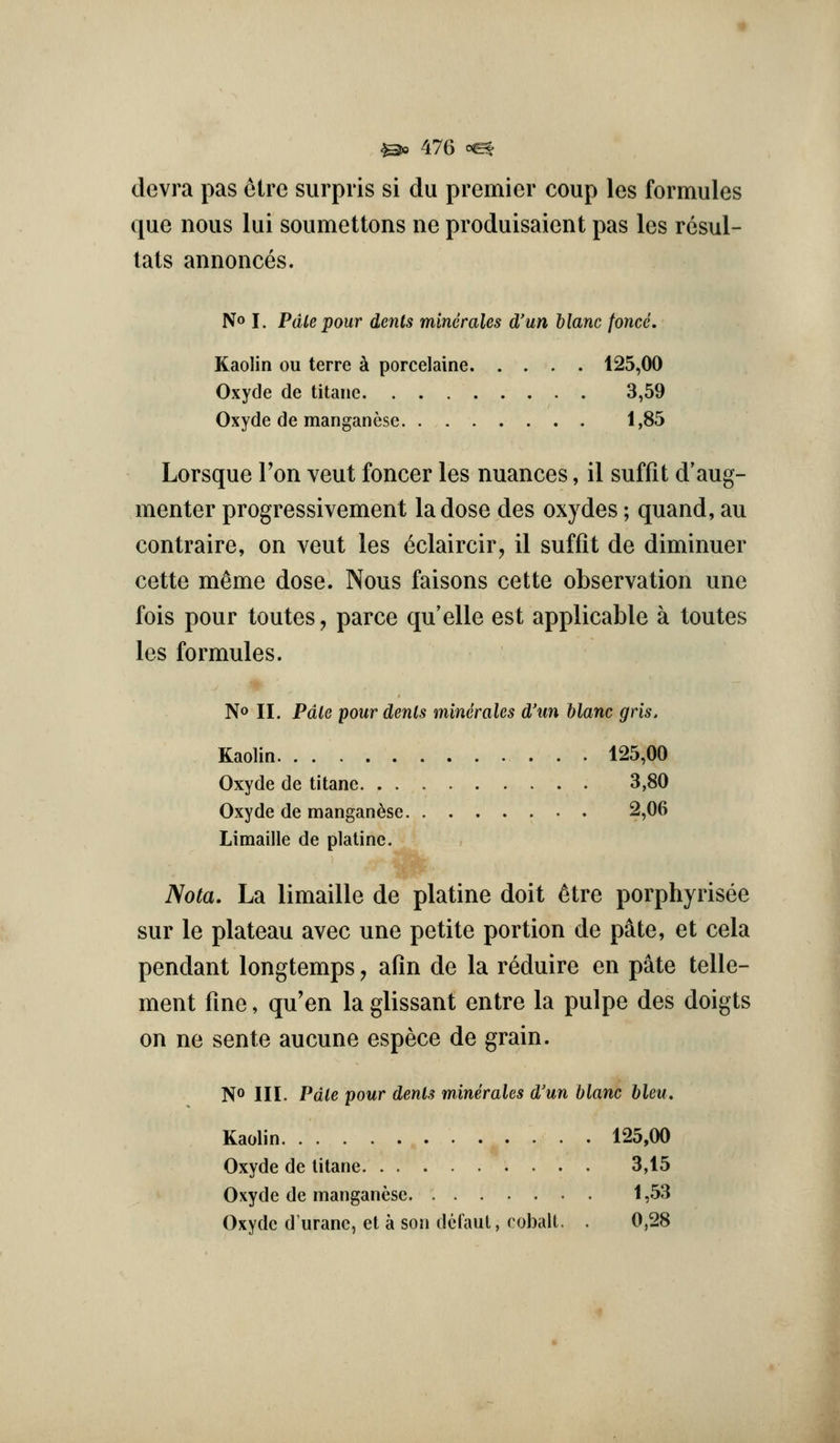 devra pas etre surpris si du premier coup les formules que nous lui soumettons ne produisaient pas les resul- lats annonces. No I. Pale pour dents minerales d'un blanc foncc. Kaolin ou terre k porcelaine 125,00 Oxyde de titaiie 3,59 Oxyde de manganese 1,8^ Lorsque Ton veut foncer les nuances, il suffit d'aug- menter progressivement la dose des oxydes; quand, au contraire, on veut les eclaircir, il suffit de diminuer cette m^me dose. Nous faisons cette observation une fois pour toutes, parce qu'elle est applicable a toutes les formules. No II. Pale pourdenls minerales d'un blanc gris. Kaolin 125,00 Oxyde de titane 3,80 Oxyde de manganese 2,06 Limaille de platine. ISota, La limaille de platine doit ^tre porphyrisee sur le plateau avec une petite portion de pate, et cela pendant longtemps, afin de la r^duire en pate telle- ment fine, qu'en la glissant entre la pulpe des doigts on ne sente aucune espece de grain. NO III. Pale pour dents minerales d'un blanc bleu. Kaolin 125,00 Oxyde de litane 3,15 Oxyde de manganese 1,53 Oxyde d'uranc, et a son defaut, cobalt. . 0,28