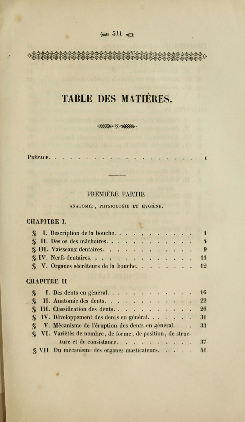 TABLE DES MATIERES, -^^^^>i»^^m^^ PRfeFAf.K. PREMlfeRE PARTIE CHAPITRE I. ,^ I. Description de la bouche. . . . § II. Dcs OS des rnachoires § III. Vaisseaux dentaires S IV. Nerfs dentaires S V. Organes sccreteurs de la bouche. 1 4 9 11 12 CHAPITRE II ^ I. Des dcnls en general ,^ II. Anatomic des dents § III. Classification des dents |§ IV. Devcloppement des dents en general. . . . <§ V. Mccanismo de Tcruption des dents <'n general J^ VI. Variet6s de nombre, de forme, de position, de ture et de consistance § VJI Du meoanism' dc> organes inasticalcurs. . sir 16 i>2 26 .31 'X\ M if