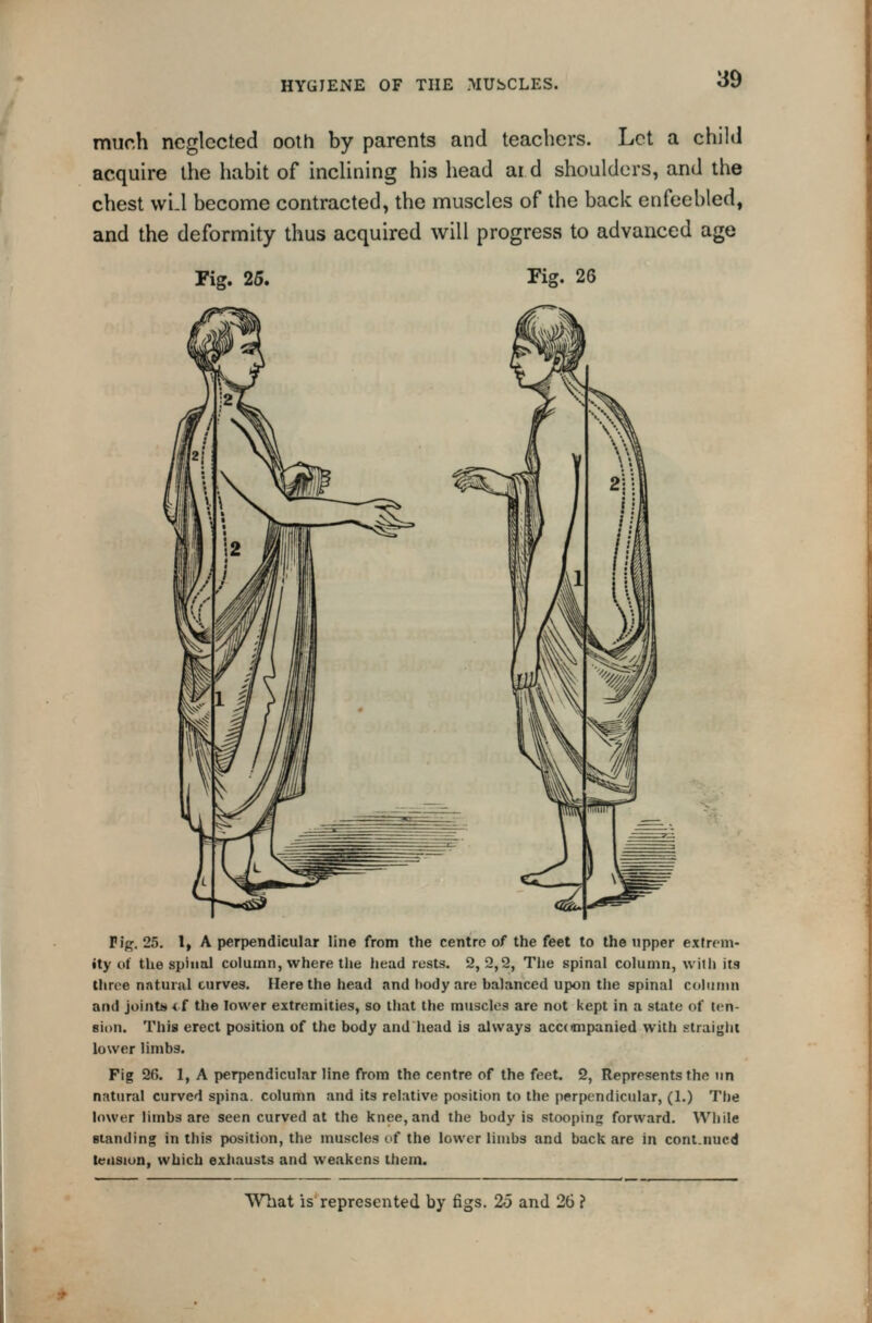 much neglected oolh by parents and teachers. Let a child acquire the habit of inclining his head ar d shoulders, and the chest vvi-l become contracted, the muscles of the back enfeebled, and the deformity thus acquired will progress to advanced age Fig. 25. Fig. 26 rig. 25. I, A perpendicular line from the centre of the feet to the upper extrem- ity of the spinal column, where the head rests. 2, Q,2, Tlie spinal column, with its three natural curves. Here the head and l)ody are balanced upon the spinal column and joints < f the lower extremities, so that the muscles are not kept in a state of ten- sion. This erect position of the body and head is always accompanied with strai{;ht lower limbs. Fig 26. 1, A perpendicular line from the centre of the feet. 2, Represents the nn natural curved spina, column and its relative position to the perpendicular, (1.) The lower limbs are seen curved at the knee, and the body is stooping forward. While standing in this position, the muscles of the lower limbs and back are in cont.nucd tension, which exhausts and weakens them. What is represented by figs. 2o and 26 ?