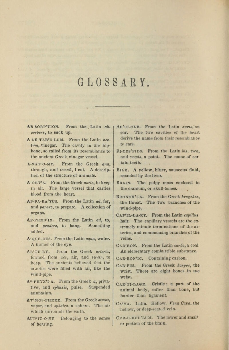 GLOSSARY. Ab SORP'TION. From the , Latin ab- sorbtre, to suck up. A-CE-T/.B'TJ-LUM. From the Tintin ace- tinn, vinegar. The cavity In the hijv bone, so called from its resemblance to the ancient Greek vinegar vessel. A-NATO-MY. From the Greek ana, through, and termtd, I cut. A descrip- tion of the structure of animals. A-oiit'a. From the Greek aorte, to keep Ml air. The large vessel that carries blood from the heart. Ap-pa-ra'tus. From the Latin ad, for, and par are, to prepare. A collection of organs. Ap-pend'ix. From the Latin ad, to, and pendere, to hang. Something added. A'que-OUS. From the Latin aqua, water. A numor of the eye. AR'te-RY. From the Greek arteria, formed from a'^r, air, and terein, to keep. The ancients believed that the aueries were filled with air, like the wind-pipe. As-PHYX'I-A. Froni the Greek a, priva- tive, and sphuxis, pulse. Suspended animation. At'mos-phere. From the Greek af77?05, vapor, and sphaira, a sphere. The air which surrounds the eaith. AuiyiT-O-RY Belonging to the sense of hearing. Au'RI-CLE. From the Latin avna, an ear. The two cavitie.s of tht- heart derive the name from liieir reseniblanc* to ears. Bl-CUS'PiDS. From the Latin bis, two, and cuspis, a point. The name of cer tain teeth. Bile. A yellow, bitter, nauseous fluid, secreted by the liver. Brain. The pulpy mass enclosed in the cranium, or skull-bones. Bronch'i-A. From the Greek brng^chos, the throat. The two branches of the wind-pipe. Cap'il-la-ry. From the Latin eapilhis hair. The capillary vessels are the ex- tremely minute terminations of the ar- teries, and commencing branches of the veins. Car'bon. From the Latin carfto, a coal An elementary combustible substance. Car-bon'ic. Containing carbon. Car'PUS. From the Greek karpos, the wrist. There are eight bones in tne wiist. Car'ti-i.a6E. Gristle ; a part of the animal body, softer than bone, hut harder than ligament. Ca'va. Latin. Hollow. F'cna Cava, the hollow, or deep-seated vein. CER-E-BEti'LUM. The lower and smal> er portion of the brain.