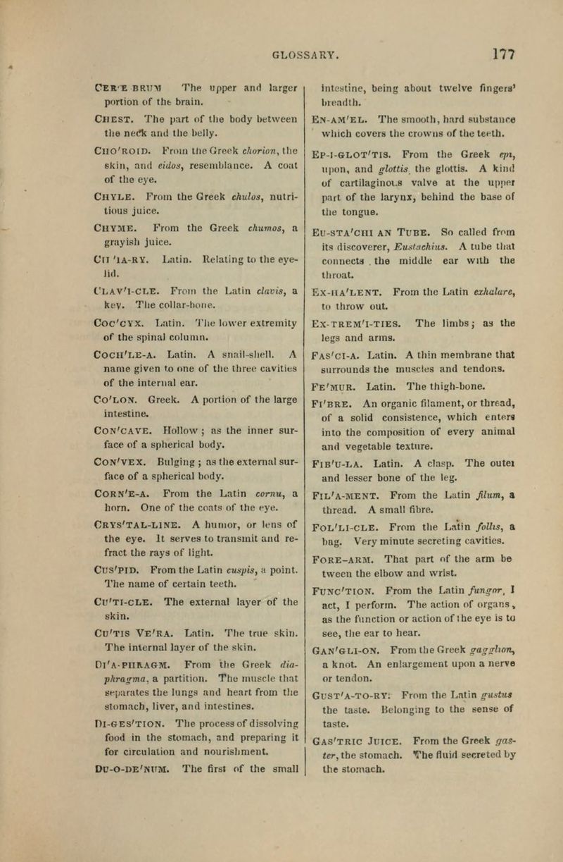 CER'E brum The upper and larger portion of the brain. Chest. The part of the body between tiie ne(*k and the belly. Cho'roid. From the Greek choriov, the skin, and eidosy resemblance. A coat of the eye. Chyle. From the Greek chulos, nutri- tious juice. Chyme. From the Greek clmmos, a grayish juice. ClI 'lA-RY. Latin. Relating to tlie eye- lid. I'l^AV'l-CLE. From the Latin clavis, a key. The collar-bone. Coc'CYX. Latin. The lower extremity of the spinal column. Coch'le-a. Latin. A snail-shell. A name given to one of the three cavities of the internal ear. Co'LON. Greek. A portion of the large intestine. CON'CAVE. Hollow ; as the inner sur- face of a spherical body. Con'vex. Bulging ; as the external sur- face of a spherical body. Corn'e-a. From the Latin comu, a horn. One of the coats of the eye. Crys'TAL-line. a humor, or lens of the eye. It serves to transmit and re- fract the rays of light. Cus'PlD. From the Latin cuspis, a point. The name of certain teeth. Cr'Ti-cLE. The external layer of the skin. Cu'TiS Ve'RA. Latin. The true skin. The internal layer of the skin. d'A-PHRAGM. From the Greek dia- phraurma, a partition. The muscle that separates the lungs and heart from tlie stomach, liver, and intestines. Dl-GES'TlON. The process of dissolving food in the stomach, and preparing it for circulation and nourishment Du-o-de'nitm. The first of the small intestine, being about twelve fmgers' breadth. En-am'el. The smooth, hard substanre which covers the crowns of the teeth. Ep-I-GLOT'tis. From the Greek epi, upon, and glottis the glottis. A kind of cartilaginoi-8 valve at the uppei part of the larynx, behind the base of the tongue. Eu-sta'chi an Tube. So called from its discoverer, Eustaehius. \ tube that connects . the middle ear with the throat. Lx-ha'LENT. From the Latin ezJialure, to throw out. Ex-trem'I-ties. The limbsj as the legs and arms. Fas'ci-a. Latin. A thin membrane that surrounds the muscles and tendons. Fe'mur. Latin. The thigh-bone. Fi'BRE. An organic filament, or thread, of a solid consistence, which enters into the composition of every animal and vegetable texture. Fib'u-la. Latin. A clasp. The outei and lesser bone of the leg. Fil'a-MENT. From the Latin Jilum, a thread. A small fibre. Fol'LI-CLE. From the Latin foUis, a bag. Very minute secreting cavities. Fore-arm. That part of the arm b© tween the elbow and wrist. Func'tion. From the Latin fungnr, I act, I perform. The action of organs, as the function or action of the eye is to see, the ear to hear. Gan'gli-ON. From the Greek gagrrlioru, a knot. An enlargement upon a nerve or tendon. Gust'a-to-RY: From the Latin gustus the taste. Helonging to the sense of taste. Gas'tric Juice. From the Greek ffas- ter, the stomach. The fluid secreted by the sto.iAach.