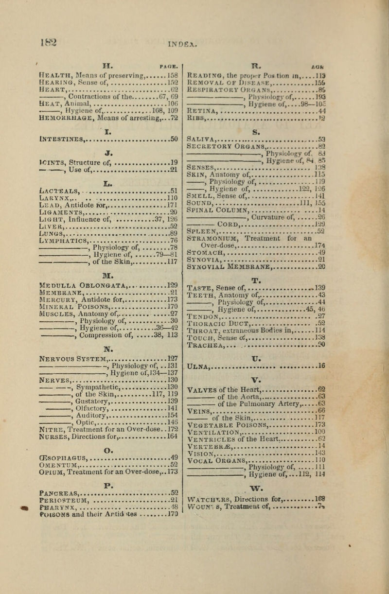\m ' H. PAfJE. FIealtii, Means of preserving, 158 [Tearing, .Sense of, lr)2 Heart, (;2 , Contractions of the C7, fJ9 Heat, Animal, lOf! , Hygiene of, 108, 109 HEMOKRUAGE, Means of arresting,.. .72 I. INTESTINES, 50 J. ICINT3, Structure of, 19 , Use of, 21 LaCTE AliS, 51 Larynx, 110 Lead, Antidote for, 171 Ligaments, 20 LiGUT, Influence of, 37, 126 Liver, 52 Lungs, 89 Lymphatics,. 76 , Physiology of, 78 , Uygieneof, 79—81 , of the Skin, 117 M. Medulla Oblongata,... 129 Membrane, 21 Mercury, Antidote for, 173 MineRAL Poisons, 170 Muscles, Anatomy of, 27 , Physiology of, 30 , Hygiene of, 36—42 -, Compression of, 38, 113 N. Nervous System, 127 , Physiology of, ..131 , Hygiene of,J 34—137 Nerves, 130 , Sympathetic, 130 , of the Skm, 117, 119 , Gustatory, 139 , Olfactory, 141 . , Auditory, 154 , Optic, 146 Nitre, Treatment for an Over-dose. .172 Nurses, Directions for, 164 O. 03S0PI1AGUS, 49 Omentum, 52 Opium, Treatment for an Over-dose,.. 173 P. PAjyCRE AS, 52 Periosteum, 21 Pharynx, 1-8 Poisons and their Artid. ^les 173 Reading, the proper Postion m, 113 Removal of Disease, 156 Respiratory Org a ns, 8S , Physiology of, 193 , Hygiene of, 98—lO-; Retina, 4^1 Ribs, ly S. Saliva, ,...53 Secretory Organs, 82 : , Physiology of. 83 —, Hygiene of, B4 i^ Senses, i;)8 Skin, Anatomy of, 115 , Physiology of, 119 , Hygiene of, 122, 1-26 Smell, Sense of, 141 Sound,..; ill, 155 Spinal Column, 14 , Curvature of, 26 Cord, lyj Spleen, 52 Stramonium, Treatment for an Over-dose, 174 Stomach, 49 Synovia, 21 Synovial Membrane 20 T. Taste, Sense of, ^139 Teeth, Anatomy of, 43 , Ptiysiulogy of, 44 , Hygiene of, 45, 46 Tendon, 27 Thoracic Duct, 52 Throat, extraneous Bodies in, 114 Touch, Sense o;', 138 Trachea, ... C«0 U. Ulna, 16 V. Valves of the Heart, 62 of the Aorta, 63 of the Pulmonary Artery, 63 Veins, 66 of the Skin, 117 Vegetable Poisons, 173 Ventilation, 100 Ventricles of the Heart. 62 Vertebr.£, H Vision, 143 Vocal Organs, 1 JO , Physiology of, 1II , Hygiene of,... 112, 114 W. VVATCHT.RS, Directions for, 168 WouK'. s, Treatment of, .7t