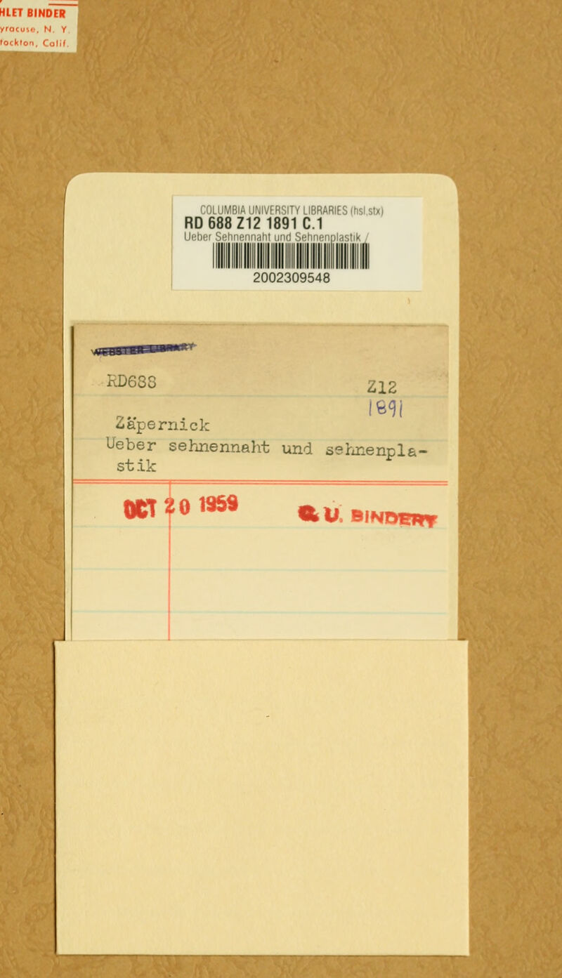 COLUMBIA UNIVERSITY LIBRARIES (hsl.stx) RD 688 Z12 1891 C.1 Ueber S(-lii .:'!m,,|ii r.\i'. Sehnenplastik 2002309548 KD688 212 7- ■ , '^''i <iapernick Ueber sehnennaht und sehnenpla- stik W' !« «5» mU BINOm