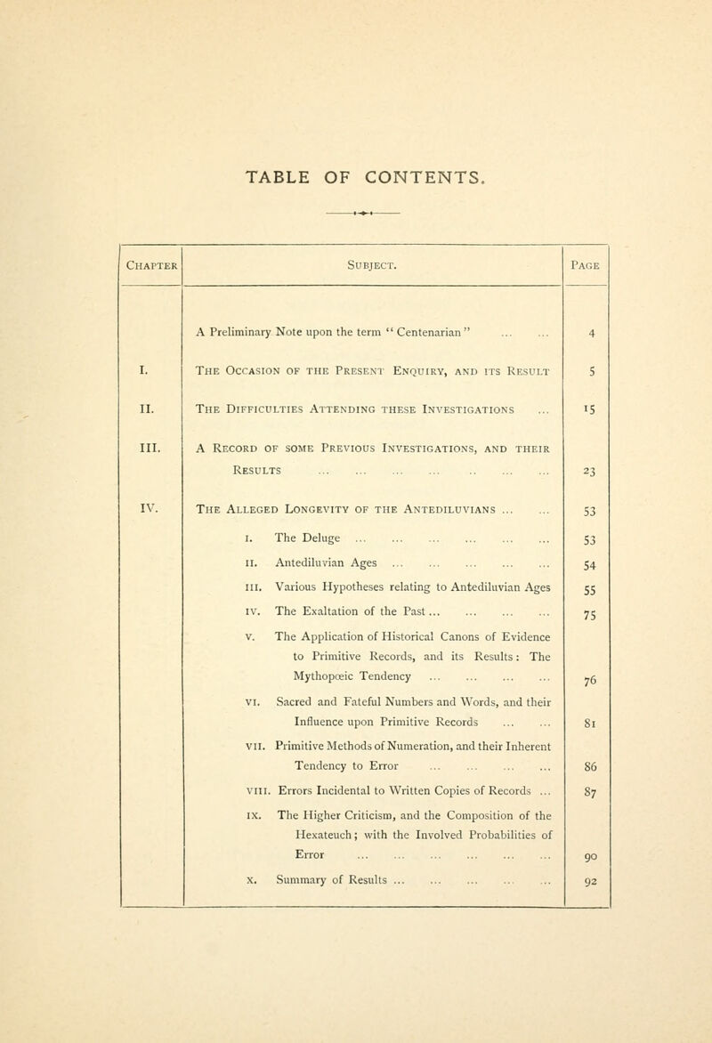 TABLE OF CONTENTS. Chapter Subject. Page A Preliminary Note upon the term  Centenarian 4 I. The Occasion of the Present Enquiry, and its Result 5 II. The Difficulties Attending these Investigations 15 III. A Record of some Previous Investigations, and their Results 23 IV. The Alleged Longevity of the Antediluvians 53 I. The Deluge 53 II. Antediluvian Ages 54 III. Various Hypotheses relating to Antediluvian Ages 55 IV. The Exaltation of the Past 75 v. The Application of Historical Canons of Evidence to Primitive Records, and its Results: The Mythopoeic Tendency ... 76 VI. Sacred and Fateful Numbers and Words, and their Influence upon Primitive Records Si VII. Primitive Methods of Numeration, and their Inherent Tendency to Error ... ... 86 VIII. Errors Incidental to Written Copies of Records ... 87 i.x. The Higher Criticism, and the Composition of the He.xateuch; with the Involved Probabilities of Error 90 X. Summary of Results 92