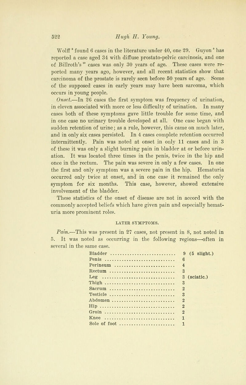 Wolff ^ found 6 cases in the literature under 40, one 29. Guyon ° lias reported a case aged 34 with diffuse prostato-pelvic carcinosis, and one of Billroth's  cases was only 30 years of age. These cases were re- ported many years ago, however, and all recent statistics show that carcinoma of the prostate is rarely seen before 50 years of age. Some of the supposed cases in early years may have been sarcoma, which occurs in young people. Onset.—In 26 cases the first symptom was frequency of urination, in eleven associated with more or less difficulty of urination. In many cases both of these symptoms gave little trouble for some time, and in one case no urinary trouble developed at all. One case began with sudden retention of urine; as a rule, however, this came on much later, and in only six cases persisted. In 4 cases complete retention occurred intermittently. Pain was noted at onset in only 11 cases and in 3 of these it was only a slight burning pain in bladder at or before urin- ation. It was located three times in the penis, twice in the hip and once in the rectum. The pain was severe in only a few cases. In one the first and only symptom was a severe pain in the hip. Hematuria occurred only twice at onset, and in one case it remained the only sjrmptom for six months. This case, however, showed extensive involvement of the bladder. These statistics of the onset of disease are not in accord with the commonly accepted beliefs which have given pain and especially hemat- uria more prominent roles. LATER SYMPTOMS. Pcdn.—This was present in 27 cases, not present in 8, not noted in 5. It was noted as occurring in the following regions—often in several in the same case. Bladder 9 (5 slight.) Penis 6 Perineum 4 Rectum 3 Leg 3 (sciatic.) Thigh 3 Sacrum 2 Testicle 3 Abdomen 2 Hip 2 Groin 2 Knee 1 Sole of foot 1