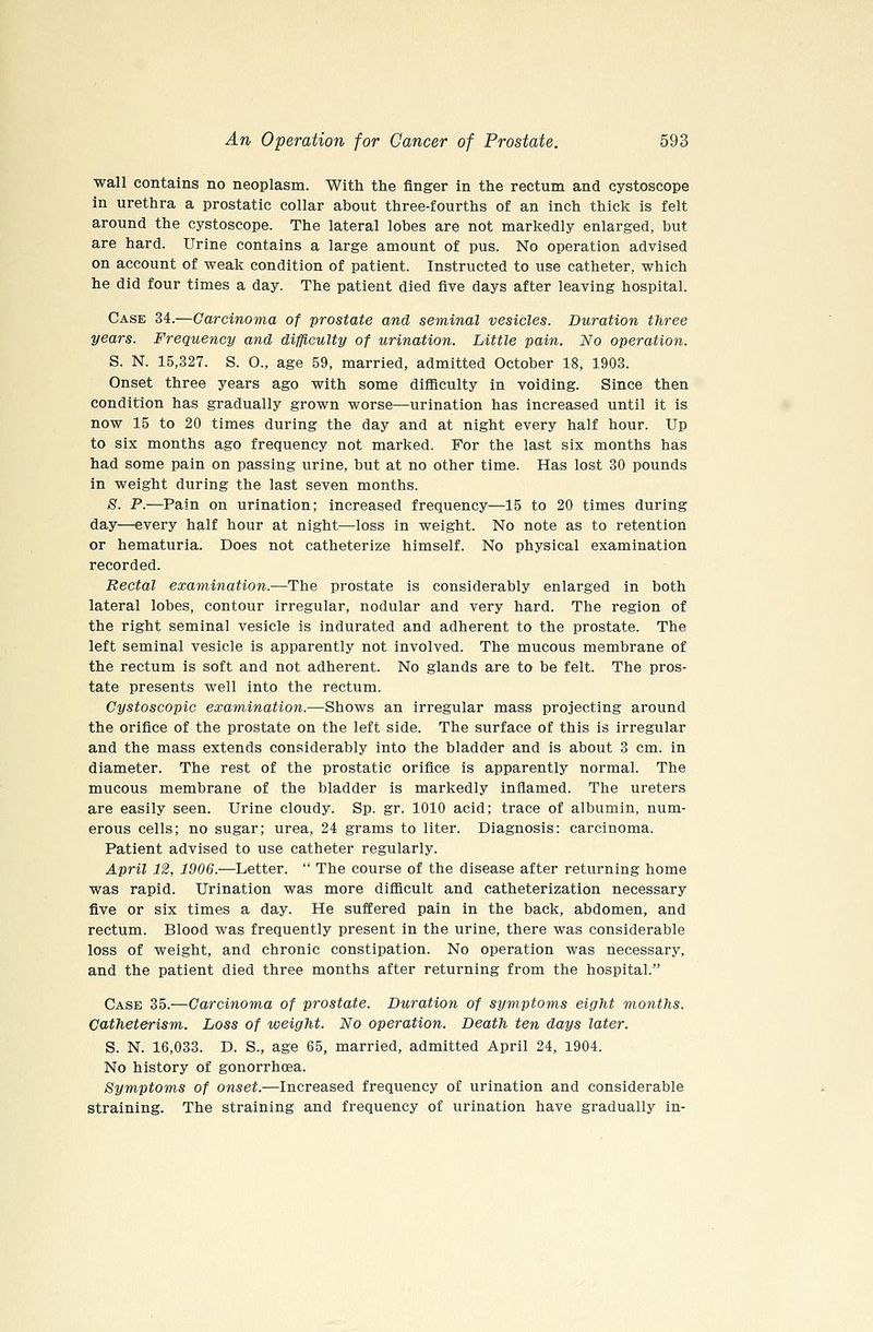 wall contains no neoplasm. With the finger in the rectum and cystoscope in urethra a prostatic collar about three-fourths of an inch thick is felt around the cystoscope. The lateral lobes are not markedly enlarged, but are hard. Urine contains a large amount of pus. No operation advised on account of weak condition of patient. Instructed to use catheter, which he did four times a day. The patient died five days after leaving hospital. Case 34.—Carcinoma of prostate and seminal vesicles. Duration three years. Frequency and difficulty of urination. Little pain. No operation. S. N. 15,327. S. O., age 59, married, admitted October 18, 1903. Onset three years ago with some difficulty in voiding. Since then condition has gradually grown worse—urination has increased until it is now 15 to 20 times during the day and at night every half hour. Up to six months ago frequency not marked. For the last six months has had some pain on passing urine, but at no other time. Has lost 30 pounds in weight during the last seven months. S. P.—Pain on urination; increased frequency—15 to 20 times during day—every half hour at night—loss in weight. No note as to retention or hematuria. Does not catheterize himself. No physical examination recorded. Rectal examination.—The prostate is considerably enlarged in both lateral lobes, contour irregular, nodular and very hard. The region of the right seminal vesicle is indurated and adherent to the prostate. The left seminal vesicle is apparently not involved. The mucous membrane of the rectum is soft and not adherent. No glands are to be felt. The pros- tate presents well into the rectum. Gystoscopic examination.—Shows an irregular mass projecting around the orifice of the prostate on the left side. The surface of this is irregular and the mass extends considerably into the bladder and is about 3 cm. in diameter. The rest of the prostatic orifice is apparently normal. The mucous membrane of the bladder is markedly inflamed. The ureters are easily seen. Urine cloudy. Sp. gr. 1010 acid; trace of albumin, num- erous cells; no sugar; urea, 24 grams to liter. Diagnosis: carcinoma. Patient advised to use catheter regularly. April 12, 1906.—Letter.  The course of the disease after returning home was rapid. Urination was more difficult and catheterization necessary five or six times a day. He suffered pain in the back, abdomen, and rectum. Blood was frequently present in the urine, there was considerable loss of weight, and chronic constipation. No operation was necessary, and the patient died three months after returning from the hospital. Case 35.—Carcinoma of prostate. Duration of symptoms eight months. Catheterism. Loss of weight. No operation. Death ten days later. S. N. 16,033. D. S., age 65, married, admitted April 24, 1904. No history of gonorrhoea. Symptoms of onset.—Increased frequency of urination and considerable straining. The straining and frequency of urination have gradually in-