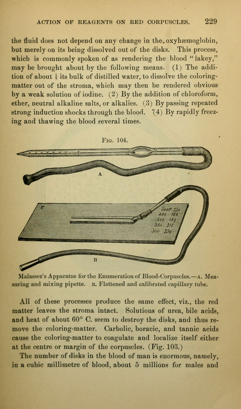 the fluid does not depend on any change in the.oxyhsemoglobin, but merely on its being dissolved out of the disks. This process, which is commonly spoken of as rendering the blood  lakey, may be brought about by the following means. (1) The addi- tion of about 4 its bulk of distilled water, to dissolve the coloring- matter out of the stroma, which may then be rendered obvious by a weak solution of iodine. (2) By the addition of chloroform, ether, neutral alkaline salts, or alkalies. (3) By passing repeated strong induction shocks through the blood. *(4) By rapidly freez- ing and thawing the blood several times. Fig. 104. Malassez's Apparatus for the Enumeration of Blood-Corpuscles.—A. Mea- suring and mixing pipette, b. Flattened and calibrated capillary tube. All of these processes produce the same effect, viz., the red matter leaves the stroma intact. Solutions of urea, bile acids, and heat of about 60° C. seem to destroy the disks, and thus re- move the coloring-matter. Carbolic, boracic, and tannic acids cause the coloring-matter to coagulate and localize itself either at the centre or margin of the corpuscles. (Fig. 103.) The number of disks in the blood of man is enormous, namely, in a cubic millimetre of blood, about 5 millions for males and