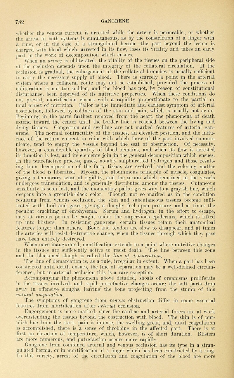 whether the venous current is arrested while the artery is permeable; or whether the arrest in both systems is simultaneous, as by the constriction of a finger with a ring, or in the case of a strangulated hernia—the part beyond the lesion is charged with blood which, arrested in its flow, loses its -vitality and takes an early part in the work of decomposition which ensues. When an artery is obliterated, the vitality of the tissues on the peripheral side of the occlusion depends upon the integrity of the collateral circulation. If the occlusion is gradual, the enlargement of the collateral branches is usually sufficient to carry the necessary supply of blood. There is scarcely a point in the arterial system where a collateral route may not be established, provided the process of obliteration is not too sudden, and the blood has not, by reason of constitutional disturbance, been deprived of its nutritive properties. When these conditions do not prevail, mortification ensues with a rapidity proportionate to the partial or total arrest of nutrition. Pallor is the immediate and earliest symptom of arterial obstruction, followed by coldness of the skin and pain, which is usually not acute. Beginning in the parts farthest removed from the heart, the phenomena of death extend toward the center until the border line is reached between the living and dying tissues. Congestion and swelling are not marked features of arterial gan- grene. The normal contractility of the tissues, an elevated position, and the influ- ence of the return current in veins vsdth which those of the j)art involved commu- nicate, tend to empty the vessels beyond the seat of obstruction. Of necessity, however, a considerable quantity of blood remains, and when its flow is arrested its function is lost, and its elements join in the general decomposition which ensues. In the putrefactive process, gases, notably sulphuretted hydrogen and those result- ing from decomposition of the fatty tissue, are evolved, and the coloring matter of the blood is liberated. Myosin, the albuminous principle of muscle, coagulates, giving a temporary sense of rigidity, and the serum which remained in the vessels undergoes transudation, and is generally distributed among the tissues. Cutaneous sensibility is soon lost, and the momentary pallor gives way to a grayish hue, which deepens into a greenish-black color. Though not so marked as in the condition resulting from venous occlusion, the skin and subcutaneous tissues become infil- trated with fiuid and gases, giving a doughy feel upon pressure, and at times the peculiar crackling of emphysema. Serum and hydrogen, in the effort to escape, may at various points be caught under the impervious epidermis, which is lifted up into blisters. In resisting gangrene, certain tissues retain their anatomical features longer than others. Bone and tendon are slow to disappear, and at times the arteries will resist destructive change, when the tissues through which they pass have been entirely destroyed. When once inaugurated, mortification extends to a point where nutritive changes in the tissues are sufficiently active to resist death. The line between this zone and the blackened slough is called the line of demarcation. The line of demarcation is, as a rule, irregular in extent. When a part has been constricted until death ensues, the line of separation may be a well-defined circum- ference; but in arterial occlusion this is a rare exception. Accompanying the phenomena above detailed, shoals of organisms proliferate in the tissues involved, and rapid putrefactive changes occur; the soft parts drop away in offensive sloughs, leaving the bone projecting from the stump of this natural amputation. The symptoms of gangrene from venous obstruction differ in some essential features from mortification after arterial occlusion. Engorgement is more marked, since the cardiac and arterial forces are at work overdistending the tissues beyond the obstruction with blood. The skin is of pur- plish hue from the start, pain is intense, the swelling great, and, until coagulation is accomplished, there is a sense of throbbing in the affected part. There is at first an elevation of temperature, which, however, is of short duration. Blisters are more numerous, and putrefaction occurs more rapidly. Gangrene from combined arterial and venous occlusion has its type in a stran- gulated hernia, or in mortification of a finger which has been constricted by a ring. In this variety, arrest of the circulation and coagulation of the blood are more