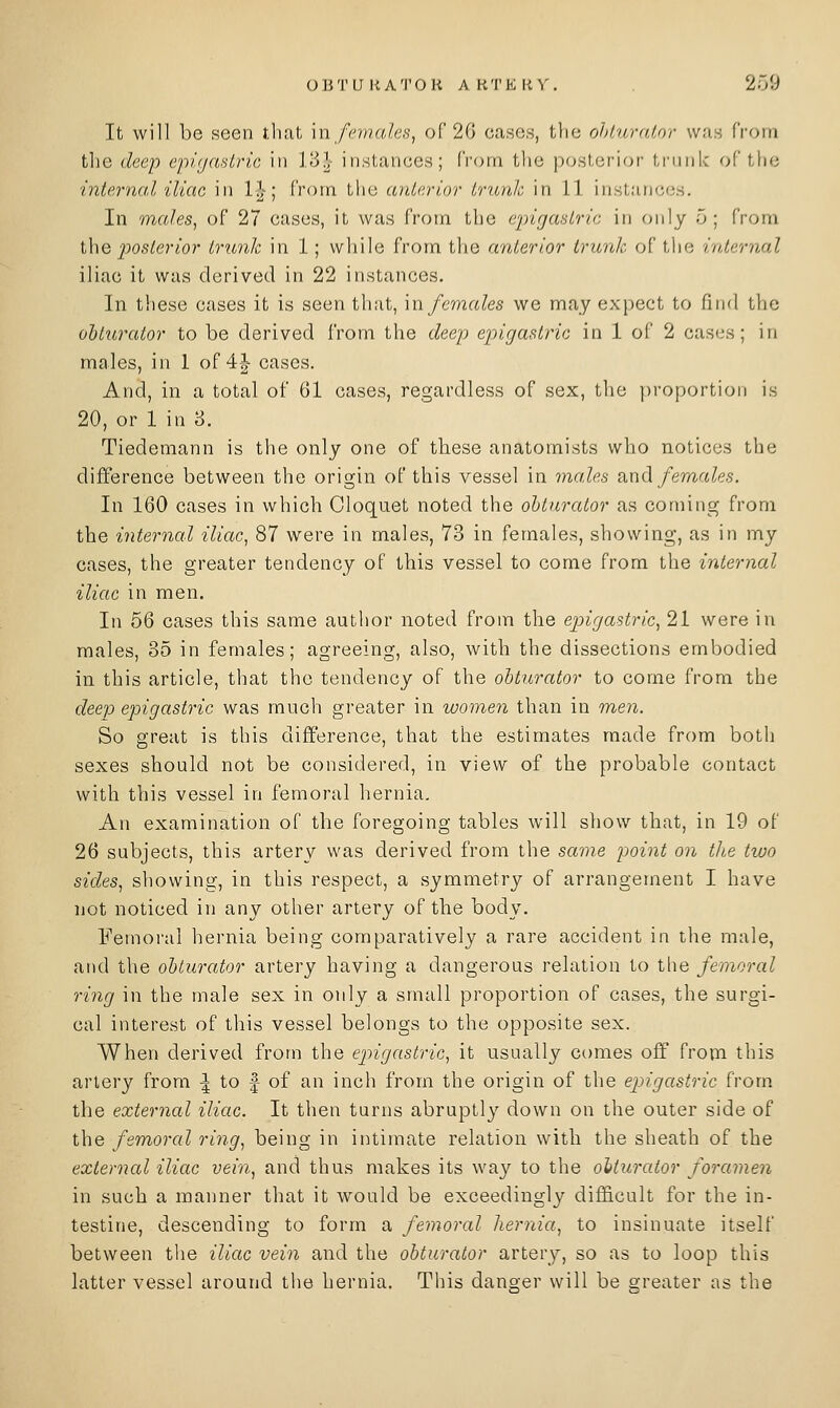 It will be seen that ]n females, of 26 cases, the ohturalor was from the deep cpiyantric in V6}^ instances; from the posterior trunk of the internal iliac in 1^-; from tiic anterior trunk in 11 i)i,sl,aii(;(;s. In males, of 27 cases, it was from the epigastric in only 5; from \\\Q posterior trunk in 1; while from the anterior trunk of the internal iliac it was derived in 22 instances. In these cases it is seen that, in females we may expect to find the obturator to be derived from the deep epigastric in 1 of 2 cases; in males, in I of 4| cases. And, in a total of 61 cases, regardless of sex, the proportion is 20, or 1 in 8. Tiedemann is the only one of these anatomists who notices the difference between the origin of this vessel in males and females. In 160 cases in which Cloquet noted the obturator as coming from the internal iliac, 87 were in males, 73 in females, showing, as in my cases, the greater tendency of this vessel to come from the internal iliac in men. In 56 cases this same author noted from the epigastric, 21 were in males, 35 in females; agreeing, also, with the dissections embodied in this article, that the tendency of the obturator to come from the deep epigastric was much greater in women than in men. So great is this difference, that the estimates made from both sexes should not be considered, in view of the probable contact with this vessel in femoral hernia. An examination of the foregoing tables will show that, in 19 of 26 subjects, this artery was derived from the same point on the two sides, showing, in this respect, a symmetry of arrangement I have not noticed in any other artery of the body. Femoral hernia being comparatively a rare accident in the male, and the obturator artery having a dangerous relation to the femoral ring in the male sex in only a small proportion of cases, the surgi- cal interest of this vessel belongs to the opposite sex. When derived from the epigastric, it usually comes off from this artery from | to f of an inch from the origin of the epigastric from the external iliac. It then turns abruptly down on the outer side of the femoral ring, being in intimate relation with the sheath of the external iliac vein, and thus makes its way to the obturator foramen in such a manner that it would be exceedingly difficult for the in- testine, descending to form a femoral hernia, to insinuate itself between the iliac vein and the obturator artery, so as to loop this latter vessel around the hernia. This danger will be greater as the