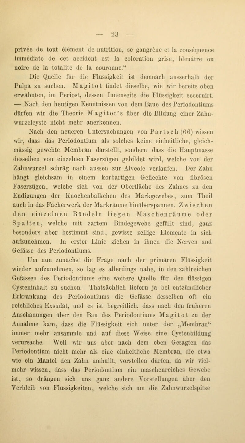 privee de tout Clement du nutrition, sc gangrene et la consequence immediate de cet accidenl est la coloration grise, blcuätre ou noire de la totalitc de la couronne. Die Quelle für die Flüssigkeit ist demnach ausserhalb der Pulpa zu suebeu. Magitot fiudet dieselbe, wie wir bereits oben erwäbuteu, im Periost, dessen Innenseite die Flüssigkeit seeernirt. — Nach den heutigen Kenntnissen von dem Baue des Periodontiums dürfen wir die Theorie Magitot's über die Bildung einer Zabn- wurzelcyste nicht mehr anerkennen. Nach den neueren Untersuchungen von Part seh (66) wissen wir, dass das Periodontium als solches keine einheitliche, gleich- massig gewebte Membran darstellt, sondern dass die Hauptmasse desselben von einzelnen Faserzügen gebildet wird, welche von der Zahnwurzel schräg nach aussen zur Alveole verlaufen. Der Zahn hängt gleichsam in einem korbartigen Geflechte von fibrösen Faserzügen, welche sich von der Oberfläche des Zahnes zu den Fndigungen der Knochenbälkchen des Markgewebes, zum Theil auch in das Fächerwerk der Markräume hinüberspannen. Zwischen den einzelnen Bündeln liegen Maschenräume oder Spalten, welche mit zartem Bindegewebe gefüllt sind, ganz besonders aber bestimmt sind, gewisse zellige Elemente in sich aufzunehmen. In erster Linie ziehen in ihnen die Nerven und Gefässe des Periodontiums. Um nun zunächst die Frage nach der primären Flüssigkeit wieder aufzunehmen, so lag es allerdings nahe, in den zahlreichen Gelassen des Periodontiums eine weitere Quelle für den flüssigen Cysteninhalt zu suchen. Thatsächlich liefern ja bei entzündlicher Erkrankung des Periodontiums die Gefässe desselben oft ein reichliches Exsudat, und es ist begreiflich, dass nach den frühereu Anschauungen über den Bau des Periodontiums Magitot zu der Annahme kam, dass die Flüssigkeit sich unter der „Membran immer mehr ansammle und auf diese Weise eine Cystenbildung verursache. Weil wir uns aber nach dem eben Gesagten das Periodontium nicht mehr als eine einheitliche Membran, die etwa wie ein Mantel den Zahn umhüllt, vorstellen dürfen, da wir viel- mehr wissen, dass das Periodontium ein maschenreiches Gewebe ist, so drängen sich uns ganz audere Vorstellungen über den Verbleib von Flüssigkeiten, welche sich um die Zahnwurzclspitze