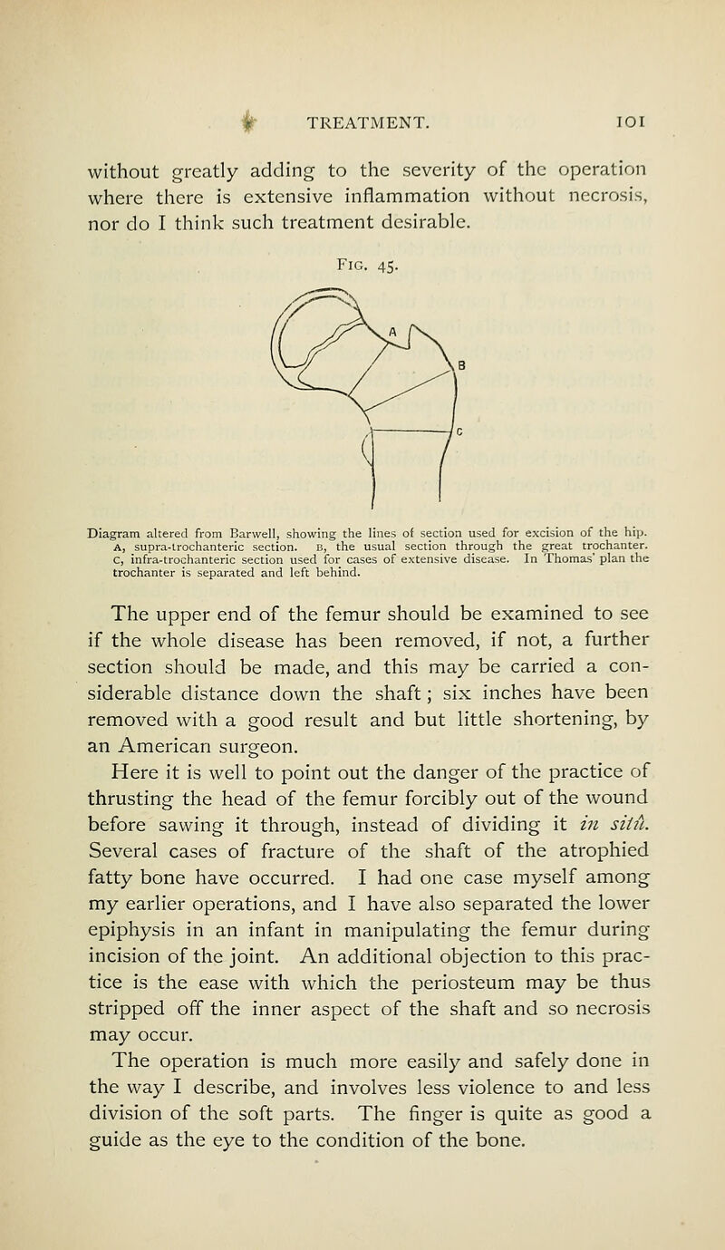 without greatly adding to the severity of the operation where there is extensive inflammation without necrosis, nor do I think such treatment desirable. Fig. 45. Diagram altered from Barwell, showing the lines of section used for excision of the hip. A, supra-lrochanteric section. B, the usual section through the great trochanter, c, infra-trochanteric section used for cases of extensive disease. In Thomas' plan the trochanter is separated and left behind. The upper end of the femur should be examined to see if the whole disease has been removed, if not, a further section should be made, and this may be carried a con- siderable distance down the shaft; six inches have been removed with a good result and but little shortening, by an American surgeon. Here it is well to point out the danger of the practice of thrusting the head of the femur forcibly out of the wound before sawing it through, instead of dividing it in sihl. Several cases of fracture of the shaft of the atrophied fatty bone have occurred. I had one case myself among my earlier operations, and I have also separated the lower epiphysis in an infant in manipulating the femur during incision of the joint. An additional objection to this prac- tice is the ease with which the periosteum may be thus stripped off the inner aspect of the shaft and so necrosis may occur. The operation is much more easily and safely done in the way I describe, and involves less violence to and less division of the soft parts. The finger is quite as good a guide as the eye to the condition of the bone.