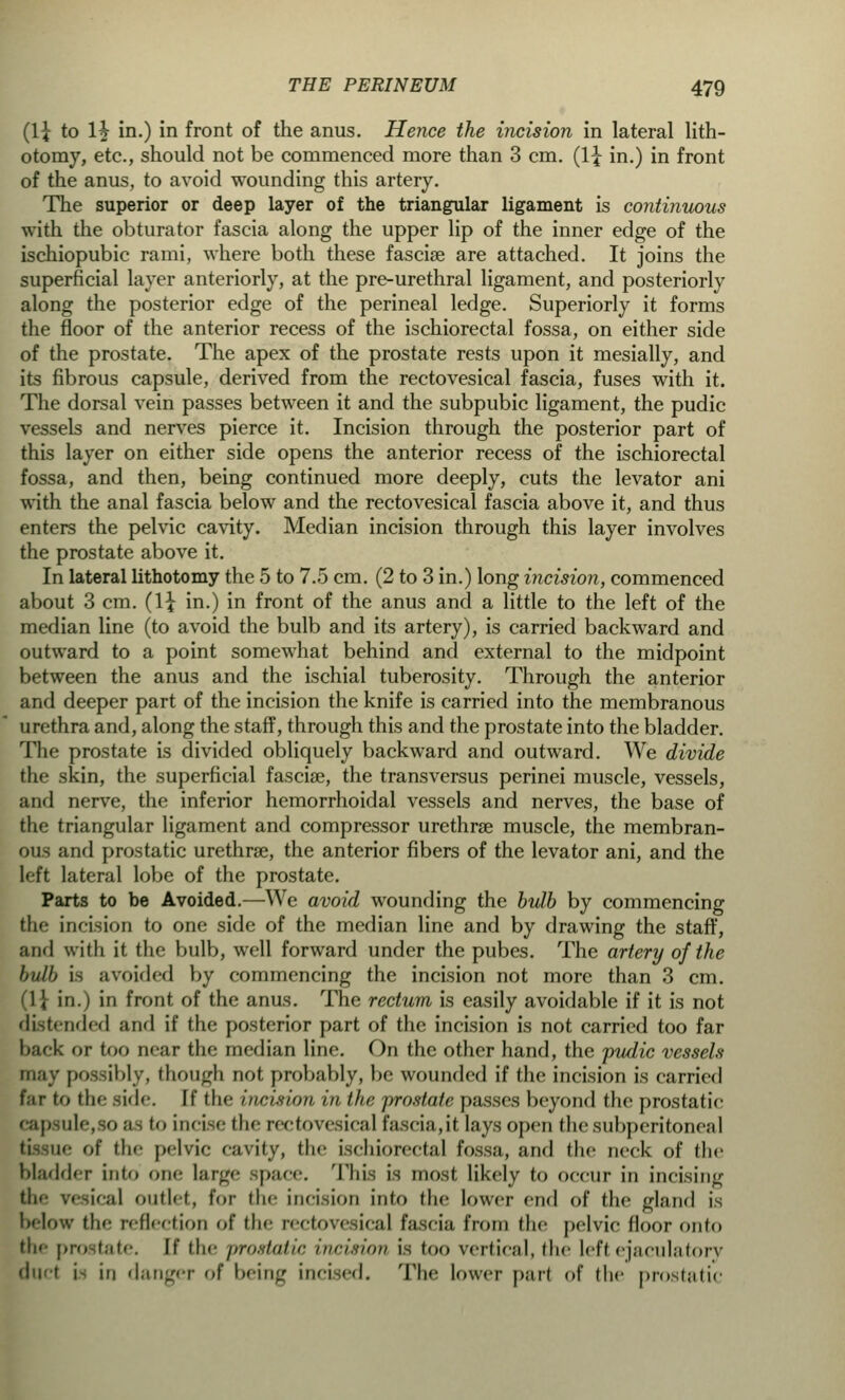 (1? to lh in.) in front of the anus. Hence the incision in lateral lith- otomy, etc., should not be commenced more than 3 cm. (1^ in.) in front of the anus, to avoid wounding this artery. The superior or deep layer of the triangular ligament is continuous with the obturator fascia along the upper lip of the inner edge of the ischiopubic rami, where both these fasciae are attached. It joins the superficial layer anteriorly, at the pre-urethral ligament, and posteriorly along the posterior edge of the perineal ledge. Superiorly it forms the floor of the anterior recess of the ischiorectal fossa, on either side of the prostate. The apex of the prostate rests upon it mesially, and its fibrous capsule, derived from the rectovesical fascia, fuses with it. The dorsal vein passes between it and the subpubic ligament, the pudic vessels and nerves pierce it. Incision through the posterior part of this layer on either side opens the anterior recess of the ischiorectal fossa, and then, being continued more deeply, cuts the levator ani with the anal fascia below and the rectovesical fascia above it, and thus enters the pelvic cavity. Median incision through this layer involves the prostate above it. In lateral lithotomy the 5 to 7.5 cm. (2 to 3 in.) long incision, commenced about 3 cm. (l\ in.) in front of the anus and a little to the left of the median line (to avoid the bulb and its artery), is carried backward and outward to a point somewhat behind and external to the midpoint between the anus and the ischial tuberosity. Through the anterior and deeper part of the incision the knife is carried into the membranous urethra and, along the staff, through this and the prostate into the bladder. The prostate is divided obliquely backward and outward. We divide the skin, the superficial fasciae, the transversus perinei muscle, vessels, and nerve, the inferior hemorrhoidal vessels and nerves, the base of the triangular ligament and compressor urethrse muscle, the membran- ous and prostatic urethral, the anterior fibers of the levator ani, and the left lateral lobe of the prostate. Parts to be Avoided.—We avoid wounding the bulb by commencing the incision to one side of the median line and by drawing the staff, and with it the bulb, well forward under the pubes. The artery of the bulb is avoided by commencing the incision not more than 3 cm. (1J in.) in front of the anus. The rectum is easily avoidable if it is not distended and if the posterior part of the incision is not carried too far back or too near the median line. On the other hand, the pudic vessels may possibly, though not probably, be wounded if the incision is carried far to the side. If the incision in the prostate passes beyond the prostatic capsule, jo a to incise the rectovesical fascia,it lays open the subperitoneal le of the pelvic cavity, the ischiorectal fossa, and the neck of the bladder into one large space. This is most likely to occur in incising the vesical outlet, for the incision into the lower end of the gland is below the reflection of the rectovesical fascia from the pelvic floor onto the prostate. If the prostatic incision is too vertical, the left ejaculatory duct Ls in danger of being incised. The lower pari of the prostatic