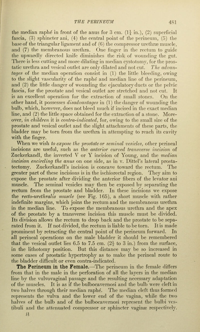 the median raphe in front of the anus for 3 cm. (1\ in.), (2) superficial fascia, (3) sphincter ani, (4) the central point of the perineum, (5) the base of the triangular ligament and of (6) the compressor urethrse muscle, and (7) the membranous urethra. One finger in the rectum to guide the upwardly directed knife diminishes the risk of wounding the gut. There is less cutting and more dilating in median cystotomy, for the pros- tatic urethra and vesical outlet are only dilated and not cut. The advan- tages of the median operation consist in (1) the little bleeding, owing to the slight vascularity of the raphe and median line of the perineum, and (2) the little danger of wounding the ejaculatory ducts or the pelvic fascia, for the prostate and vesical outlet are stretched and not cut. It is an excellent operation for the extraction of small stones. On the other hand, it possesses disadvantages in (1) the danger of wounding the bulb, which, however, does not bleed much if incised in the exact median line, and (2) the little space obtained for the extraction of a stone. More- over, in children it is contra-indicated, for, owing to the small size of the prostate and vesical outlet and the slight attachments of these parts, the bladder may be torn from the urethra in attempting to reach its cavity with the finger. When we wish to expose the prostate or seminal vesicles, other perineal incisions are useful, such as the anterior curved transverse incision of Zuckerkandl, the inverted V or Y incision of Young, and the median incision encircling the anus on one side, as in v. Dittel's lateral prosta- tectomy. Zuckerkandl's incision is concave toward the rectum. The greater part of these incisions is in the ischiorectal region. They aim to expose the prostate after dividing the anterior fibers of the levator ani muscle. The seminal vesicles may then be exposed by separating the rectum from the prostate and bladder. In these incisions we expose the recto-urethralis muscle (see Fig. 165), a short muscle with rather indefinite margins, which joins the rectum and the membranous urethra in the median line. To expose the membranous urethra and the apex of the prostate by a transverse incision this muscle must be divided. Its division allows the rectum to drop back and the prostate to be sepa- rated from it. If not divided, the rectum is liable to be torn. It is made prominent by retracting the central point of the perineum forward. In all perineal operations on the male bladder it should be remembered that the vesical outlet lies 6.5 to 7.5 cm. (2^ to 3 in.) from the surface, in the lithotomy position. But this distance may be so increased in some cases of prostatic hypertrophy as to make the perineal route to the bladder difficult or even contra-indicated. The Perineum in the Female.—The perineum in the female differs from that in the male in the perforation of all the layers in the median line by the vulvovaginal passage and the resulting necessary adaptation of the muscles. It is as if the bulbocavernosi and the bulb were cleft in two halves through their median raphe*. The median cleft thus formed represents the vulva and the lower end of the vagina, while the two halves of the bulb and of the bulbocavernosi represent the bulbi ves- tibuli and the attenuated compressor or sphincter vaginae respectively.