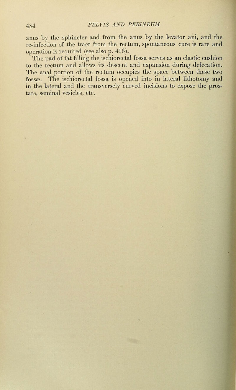 anus by the sphincter and from the anus by the levator ani, and the re-infection of the tract from the rectum, spontaneous cure is rare and operation is required (see also p. 416). The pad of fat filling the ischiorectal fossa serves as an elastic cushion to the rectum and allows its descent and expansion during defecation. The anal portion of the rectum occupies the space between these two fossae. The ischiorectal fossa is opened into in lateral lithotomy and in the lateral and the transversely curved incisions to expose the pros- tate, seminal vesicles, etc.