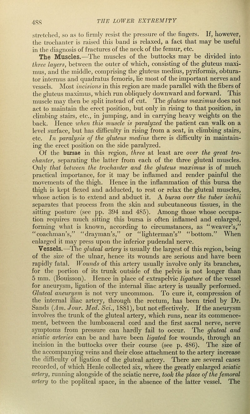 stretched, so as to firmly resist the pressure of the fingers. If, however, the trochanter is raised this band is relaxed, a fact that may be useful in the diagnosis of fractures of the neck of the femur, etc. The Muscles.—The muscles of the buttocks may be divided into three layers, between the outer of which, consisting of the gluteus maxi- mus, and the middle, comprising the gluteus medius, pyriformis, obtura- tor internus and quadratus femoris, lie most of the important nerves and vessels. Most incisions in this region are made parallel with the fibers of the gluteus maximus, which run obliquely downward and forward. This muscle may then be split instead of cut. The gluteus maximus does not act to maintain the erect position, but only in rising to that position, in climbing stairs, etc., in jumping, and in carrying heavy weights on the back. Hence when this muscle is paralyzed the patient can walk on a level surface, but has difficulty in rising from a seat, in climbing stairs, etc. In paralysis of the gluteus medius there is difficulty in maintain- ing the erect position on the side paralyzed. Of the bursae in this region, three at least are over the great tro- chanter, separating the latter from each of the three gluteal muscles. Only that between the trochanter and the gluteus maximus is of much practical importance, for it may be inflamed and render painful the movements of the thigh. Hence in the inflammation of this bursa the thigh is kept flexed and adducted, to rest or relax the gluteal muscles, whose action is to extend and abduct it. A bursa over the tuber ischii separates that process from the skin and subcutaneous tissues, in the sitting posture (see pp. 394 and 485). Among those whose occupa- tion requires much sitting this bursa is often inflamed and enlarged, forming what is known, according to circumstances, as weaver's, coachman's, drayman's, or lighterman's bottom. When enlarged it may press upon the inferior pudendal nerve. Vessels.—The gluteal artery is usually the largest of this region, being of the size of the ulnar, hence its wounds are serious and have been rapidly fatal. Wounds of this artery usually involve only its branches, for the portion of its trunk outside of the pelvis is not longer than 5 mm. (Bouisson). Hence in place of extrapelvic ligature of the vessel for aneurysm, ligation of the internal iliac artery is usually performed. Gluteal aneurysm is not very uncommon. To cure it, compression of the internal iliac artery, through the rectum, has been tried by Dr. Sands (Am. Jour. Med. Sci., 1881), but not effectively. If the aneurysm involves the trunk of the gluteal artery, which runs, near its commence- ment, between the lumbosacral cord and the first sacral nerve, nerve symptoms from pressure can hardly fail to occur. The gluteal and sciatic arteries can be and have been ligated for wounds, through an incision in the buttocks over their course (see p. 486). The size of the accompanying veins and their close attachment to the artery increase the difficulty of ligation of the gluteal artery. There are several cases recorded, of which Henle collected six, where the greatly enlarged sciatic artery, running alongside of the sciatic nerve, took the place of the femoral artery to the popliteal space, in the absence of the latter vessel. The