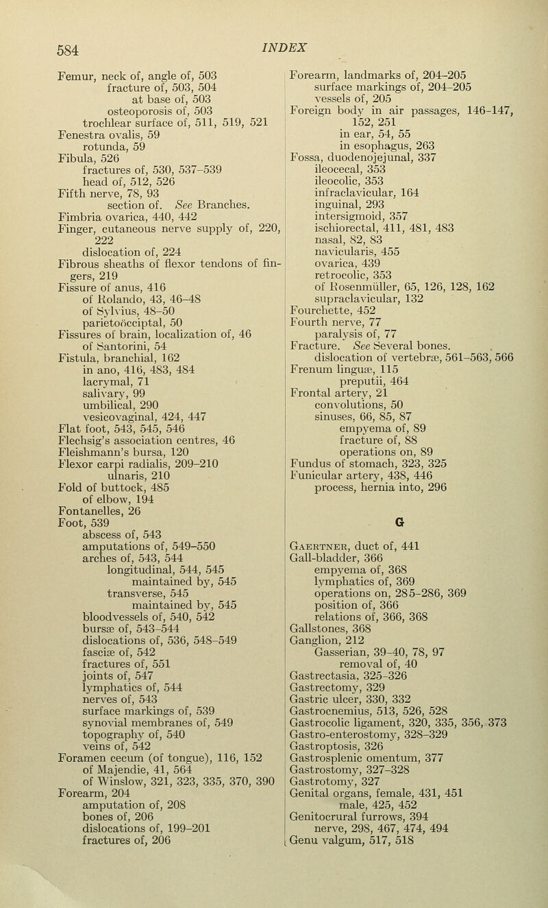 Femur, neck of, angle of, 503 fracture of, 503, 504 at base of, 503 osteoporosis of, 503 trochlear surface of, 511, 519, 521 Fenestra ovalis, 59 rotunda, 59 Fibula, 526 fractures of, 530, 537-539 head of, 512, 526 Fifth nerve, 78, 93 section of. See Branches. Fimbria ovarica, 440, 442 Finger, cutaneous nerve supply of, 220, 222 dislocation of, 224 Fibrous sheaths of flexor tendons of fin- gers, 219 Fissure of anus, 416 of Rolando, 43, 46-48 of Sylvius, 48-50 parietoocciptal, 50 Fissures of brain, localization of, 46 of Santorini, 54 Fistula, branchial, 162 in ano, 416, 483, 484 lacrymal, 71 salivary, 99 umbilical, 290 vesicovaginal, 424, 447 Flat foot, 543, 545, 546 Flechsig's association centres, 46 Fleishmann's bursa, 120 Flexor carpi radialis, 209-210 ulnaris, 210 Fold of buttock, 485 of elbow, 194 Fontanelles, 26 Foot, 539 abscess of, 543 amputations of, 549-550 arches of, 543, 544 longitudinal, 544, 545 maintained by, 545 transverse, 545 maintained by, 545 bloodvessels of, 540, 542 bursse of, 543-544 dislocations of, 536, 548-549 fasciae of, 542 fractures of, 551 joints of, 547 lymphatics of, 544 nerves of, 543 surface markings of, 539 synovial membranes of, 549 topography of, 540 veins of, 542 Foramen cecum (of tongue), 116, 152 of Majendie, 41, 564 of Winslow, 321, 323, 335, 370, 390 Forearm, 204 amputation of, 208 bones of, 206 dislocations of, 199-201 fractures of, 206 Forearm, landmarks of, 204-205 surface markings of, 204-205 vessels of, 205 Foreign body in air passages, 146-147, 152, 251 in ear, 54, 55 in esophagus, 263 Fossa, duodenojejunal, 337 ileocecal, 353 ileocolic, 353 infraclavicular, 164 inguinal, 293 intersigmoid, 357 ischiorectal, 411, 481, 483 nasal, 82, 83 navicularis, 455 ovarica, 439 retrocolic, 353 of Rosenmuller, 65, 126, 128, 162 supraclavicular, 132 Fourchette, 452 Fourth nerve, 77 paralysis of, 77 Fracture. See Several bones. dislocation of vertebras, 561-563, 566 Frenum lingua;, 115 preputii, 464 Frontal artery, 21 convolutions, 50 sinuses, 66, 85, 87 empyema of, 89 fracture of, 88 operations on, 89 Fundus of stomach, 323, 325 Funicular artery, 438, 446 process, hernia into, 296 G Gaertner, duct of, 441 Gall-bladder, 366 empyema of, 368 lymphatics of, 369 operations on, 285-286, 369 position of, 366 relations of, 366, 368 Gallstones, 368 Ganglion, 212 Gasserian, 39-40, 78, 97 removal of, 40 Gastrectasia, 325-326 Gastrectomy, 329 Gastric ulcer, 330, 332 Gastrocnemius, 513, 526, 528 Gastrocolic ligament, 320, 335, 356, 373 Gastro-enterostomy, 328-329 Gastroptosis, 326 Gastrosplenic omentum, 377 Gastrostomy, 327-328 Gastrotomy, 327 Genital organs, female, 431, 451 male, 425, 452 Genitocrural furrows, 394 nerve, 298, 467, 474, 494 Genu valgum, 517, 518