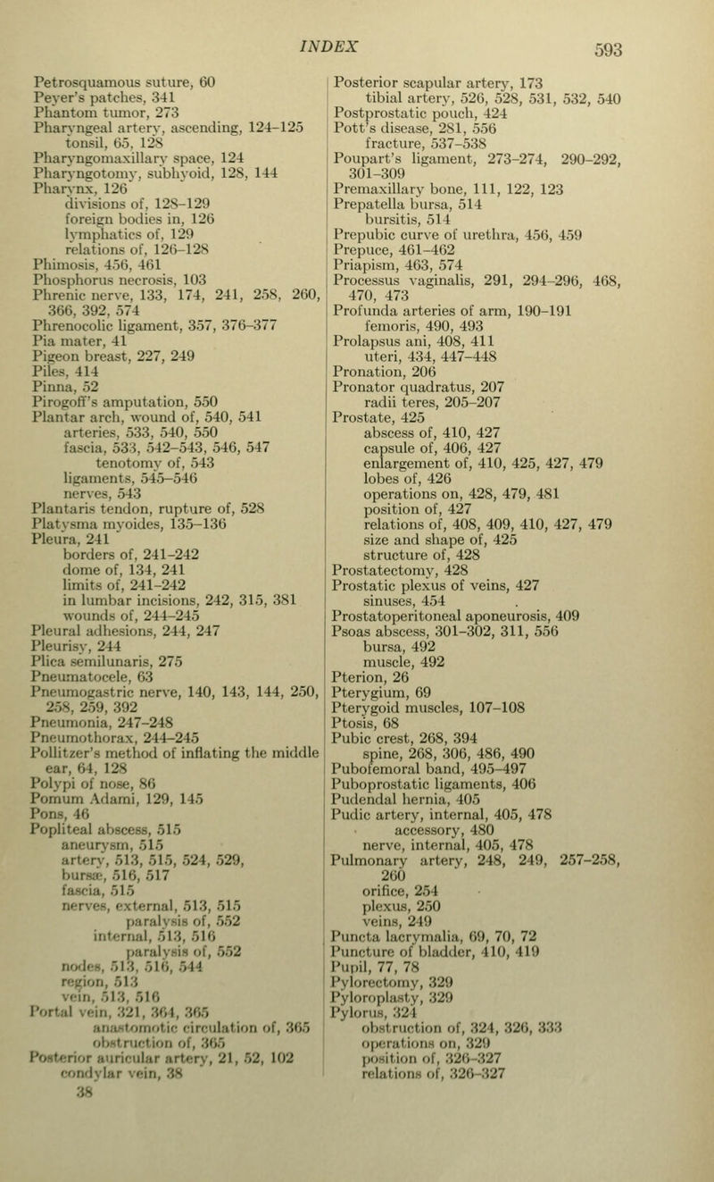 Petrosquamous suture, 60 Peyer's patches, 341 Phantom tumor, 273 Pharyngeal artery, ascending, 124-125 tonsil, 65, 128 Pharyngomaxillary space, 124 Pharyngotomy, subhyoid, 12S, 144 Pharynx, 126 divisions of, 128-129 foreign bodies in, 126 lymphatics of, 129 relations of. 126-128 Phimosis, 456, 461 Phosphorus necrosis, 103 Phrenic nerve, 133, 174, 241, 258, 260, 366, 392. 574 Phrenocolic ligament, 357, 376-377 Pia mater, 41 Pigeon breast, 227, 249 Piles, 414 Pinna, 52 Pirogoff's amputation, 550 Plantar arch, wound of, 540, 541 arteries, 533, 540, 550 fascia, 533, 542-543, 546, 547 tenotomy of, 543 ligaments, 545-546 nerves, 543 Plantaris tendon, rupture of, 528 Platysma myoides, 135-136 Pleura, 241 ' borders of, 241-242 dome of, 134, 241 limits of, 241-242 in lumbar incisions, 242, 315, 381 wounds of, 244-245 Pleural adhesions, 244, 247 Pleurisy, 244 Plica semilunaris, 275 Pneumatocele, 63 Pneumogastric nerve, 140, 143, 144, 250, 259, 392 Pneumonia, 247-248 Pneumothorax, 244-245 Pollitzer's method of inflating the middle ear, 64, 128 pi of nose, 86 Pomurn Adami, 129, 145 Pons, Hi Popliteal abscess, 515 aneurysm, 515 artery, 613, 515, 524, 529, bursee, 516, 517 fascia, 515 nerv-. e eternal, 513, 515 paralysis of, 562 internal, 513, 516 pari 552 nodes, 513 516, 51 < don, 513 513 516 Portal in, 321, 364, 366 tomotic circulation of, •''»<>) i notion oi, 365 ■ r auricula 21, '<2, 102 condj la ■ Posterior scapular artery, 173 tibial artery, 526, 528, 531, 532, 540 Postprostatic pouch, 424 Pott's disease, 281, 556 fracture, 537-538 Poupart's ligament, 273-274, 290-292, 301-309 Premaxillary bone, 111, 122, 123 Prepatella bursa, 514 bursitis, 514 Prepubic curve of urethra, 456, 459 Prepuce, 461-462 Priapism, 463, 574 Processus vaginalis, 291, 294-296, 46S, 470, 473 Profunda arteries of arm, 190-191 femoris, 490, 493 Prolapsus ani, 408, 411 uteri, 434, 447-448 Pronation, 206 Pronator quadratus, 207 radii teres, 205-207 Prostate, 425 abscess of, 410, 427 capsule of, 406, 427 enlargement of, 410, 425, 427, 479 lobes of, 426 operations on, 428, 479, 481 position of, 427 relations of, 408, 409, 410, 427, 479 size and shape of, 425 structure of, 428 Prostatectomy, 428 Prostatic plexus of veins, 427 sinuses, 454 Prostatoperitoneal aponeurosis, 409 Psoas abscess, 301-302, 311, 556 bursa, 492 muscle, 492 Pterion, 26 Pterygium, 69 Pterygoid muscles, 107-108 Ptosis, 68 Pubic crest, 268, 394 spine, 268, 306, 486, 490 Pubofemoral band, 495-497 Puboprostatic ligaments, 406 Pudendal hernia, 405 Pudic artery, internal, 405, 478 accessory, 480 nerve, internal, 405, 478 Pulmonary artery, 248, 249, 257-258, 260 orifice, 254 plexus, 250 veins, 249 Puncta lacrymalia, 60, 70, 72 Puncture of bladder, 410, 119 Pupil, 77, 78 Pylorectomv, 329 Pyloroplasty, 329 Pylorus, 324 obstruction of, 324, :'»-'(», 333 operal ions on, :;l.i DO il LOO I . ■';_'l)-327 relation! of, 326 -''.27