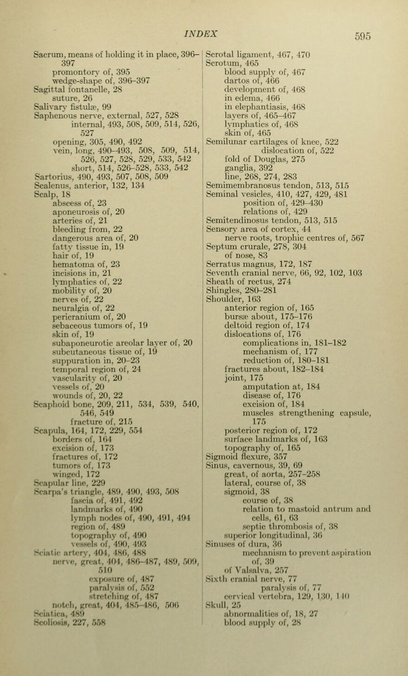 Sacrum, means of holding it in place, 396- 397 promontory of, 395 wedse-shape of, 396-397 Sagittal fontanelle, 2S suture, 26 Salivary fistula?, 99 Saphenous nerve, external, 527, 528 internal, 493, 508, 509, 514, 526, 527 opening, 305, 490, 492 vein, long, 490-493, 508, 509, 514, 526, 527, 528, 529, 533, 542 short, 514, 526-528, 533, 542 Sartorius, 490, 493, 507, 508, 509 Scalenus, anterior, 132, 134 Scalp, 18 abscess of, 23 aponeurosis of, 20 arteries of, 21 bleeding from, 22 dangerous area of, 20 fatty tissue in, 19 hair of, 19 hematoma of, 23 incisions in, 21 lymphatics of, 22 mobility of, 20 nerves of, 22 neuralgia of, 22 pericranium of, 20 sebaceous tumors of, 19 skin of, 19 subaponeurotic areolar layer of, 20 subcutaneous tissue of, 19 suppuration in, 20-23 temporal region of, 24 vascularity of, 20 -ils of, 20 wounds of, 20, 22 Scaphoid bone, 209, 211, 534, 539, 540, 546, 549 fracture of, 21) Scapula, 164, 172, 229, 554 borders of, L6I mii of, 173 fractures of, 172 tumors of, 17:'. winged, 172 Scapular line, 229 Scarpa's triangle, 489, 490, 193, 608 fascia of, 191, 192 landmarks of, 190 lymph nodes of, 190, 191, 194 n of. 189 topography of, 490 1 of, 190, 193 ioi 186, l-ss nerve, great, 104, 186 187, 189, 509, :,iii exposun pai • tching of, 187 notch, great, I'M, is:, 186, 606 Scolii Scrotal ligament, 467, 470 Scrotum, 465 blood supply of, 467 dartos of, 466 development of, 468 in edema, 466 in elephantiasis, 468 layers of, 465^67 lymphatics of, 468 skin of, 465 Semilunar cartilages of knee, 522 dislocation of, 522 fold of Douglas, 275 ganglia, 392 line, 268, 274, 283 Semimembranosus tendon, 513, 515 Seminal vesicles, 410, 427, 429, 481 position of, 429-430 relations of, 429 Semitendinosus tendon, 513, 515 Sensory area of cortex, 44 nerve roots, trophic centres of, 567 Septum crurale, 278, 304 of nose, 83 Serratus magnus, 172, 187 Seventh cranial nerve, 66, 92, 102, 103 Sheath of rectus, 274 Shingles, 280-281 Shoulder, 163 anterior region of, 165 bursa; about, 175-176 deltoid region of, 174 dislocations of, 176 complications in, 181-182 mechanism of, 177 reduction of, 180-181 fractures about, 182-184 joint, 175 amputation at, 184 disease of, 176 excision of, 184 muscles strengthening capsule, 175 posterior region of, 172 surface landmarks of, 163 topography of, 1(15 Sigmoid flexure, 357 Sinus, cavernous, 39, 69 great, of aorta, 257-258 lateral, course of, 38 sigmoid, 38 course of, 38 relation to mastoid antrum and cells, 61, <;:< sepl io thrombosis of, 38 superior Longitudinal, 36 Sinuses of dura, 36 mechanism to pre^ enl aspirai ion ot. :;■.) of Valsah a, 267 Sixth cranial nerve, 77 paralj sis of, 77 cen i<';il vertebra, 129, 130, I io Skull, 26 abnormahlies of, is, 27 blood uppl] of, 28