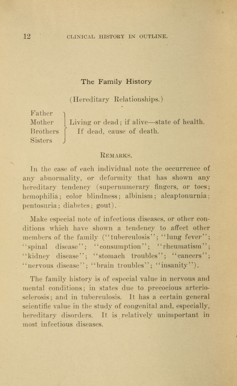 Fatlu'i- Mother Brothers Sisters The Family History (Hereditary Rehitionships.) Living or dead; if alive—state of health. If dead, cause of death. Remarks. Ill the case of each individual note the occurrence of any abnormality, or deformity that has show^i any hereditary tendency (supernumerary fingers, or toes; hemophilia; color blindness; albinism; alcaptonurnia: pentosuria; diabetes; gout). Make especial note of infectious diseases, or other con- ditions which have shown a tendency to affect other members of the family ('' tuberculosis  ; '' lung fevei'''; spinal disease; ''consumption; rheumatism; kidney disease; stomach troubles; cancers; nervous disease; brain troubles; insanity). The family history is of especial value in nervous and mental conditions; in states due to precocious arterio- sclerosis; and in tu])erculosis. It has a certain general scientific value in the study of congenital and, especially, hereditary disorders. It is I'dntivdy unimportant in most infectious diseases.