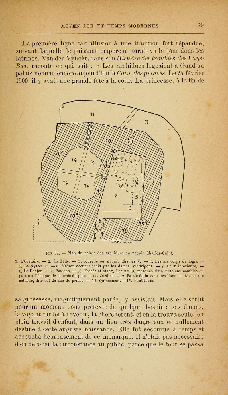 La première ligne fait allusion à une tradition fort répandue, suivant laquelle le puissant empereur aurait vu le jour dans les latrines. Van cler Vynckt, dans son Histoire des troubles des Pays- Bas, raconte ce qui suit : « Les archiducs logeaient à Gand au palais nommé encore aujourd'huila Cour desprinces. Le25 février 1500, il y avait une grande fête à la cour. La princesse, à la fin de Fig. 14. — Plan du palais des arehiducs où naquit Charles-Quint. 1. L'Oratoire. — 2. La Halle. — 3. Tourelle où naquit Charles V. — 4. Les six corps de logis. — 5. Le Gyneceum. — 6. Maison occupée jadis par les daines Wadripont. — 7. Cour intérieure. — 8. Le Donjon. — 9. Poterne. — 10. Fossés et étang. Les n°s 10 marqués d'un * étaient comblés en partie à l'époque de la levée du plan.— 11. Jardins.— 12. Partie de la cour des lions. — 13. La rue actuelle, dite cul-de-sac du prince. — 14. Quinconces. —15. Pont-levis. sa grossesse, magnifiquement parée, y assistait. Mais elle sortit pour un moment sous prétexte de quelque besoin : ses dames, la voyant tardera revenir, la cherchèrent, et on la trouva seule, en plein travail d'enfant, dans un lieu très dangereux et nullement destiné à cette auguste naissance. Elle fut secourue à temps et accoucha heureusement de ce monarque. Il n'était pas nécessaire d'en dérober la circonstance au public, parce que le tout se passa