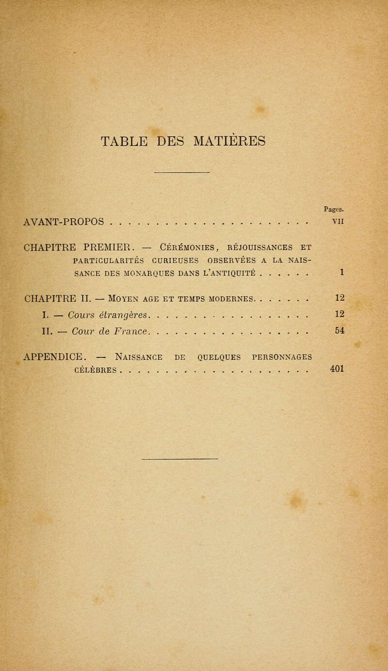 TABLE DES MATIERES Pages. AVANT-PROPOS vu CHAPITRE PREMIER. — Cérémonies, réjouissances et PARTICULARITÉS CURIEUSES OBSERVÉES A LA NAIS- SANCE DES MONARQUES DANS L'ANTIQUITÉ 1 CHAPITRE II. — Moyen âge et temps modernes 12 I. — Cours étrangères 12 IL — Cour de France 54 APPENDICE. — Naissance de quelques personnages célèbres 401