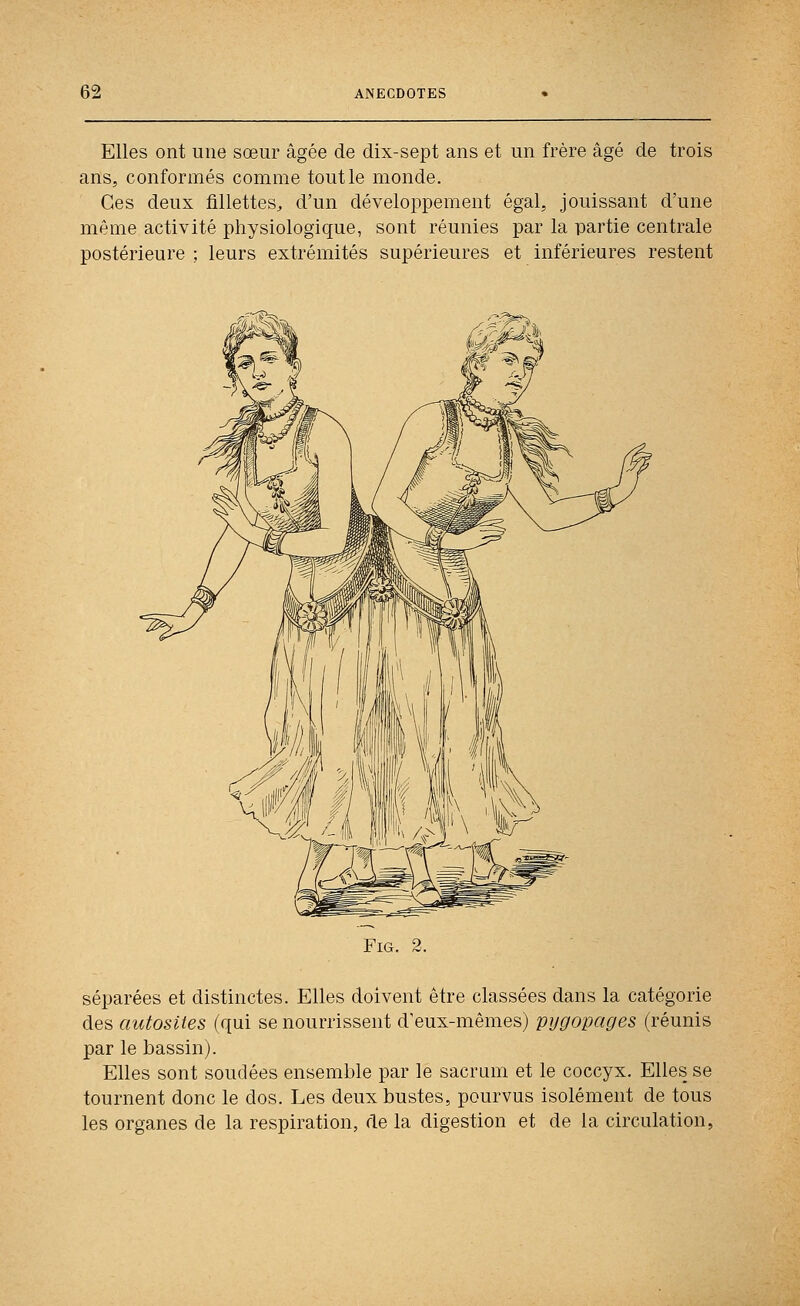 Elles ont une sœur âgée de dix-sept ans et un frère âgé de trois ans, conformés comme tout le monde. Ces deux fillettes^ d'un développement égal, jouissant d'une même activité physiologique, sont réunies par la partie centrale postérieure ; leurs extrémités supérieures et inférieures restent FiG. 2. séparées et distinctes. Elles doivent être classées dans la catégorie des autosites (qui se nourrissent d'eux-mêmes) pijgopages (réunis par le bassin). Elles sont soudées ensemble par le sacrum et le coccyx. Elles se tournent donc le dos. Les deux bustes, pourvus isolément de tous les organes de la respiration, de la digestion et de la circulation,